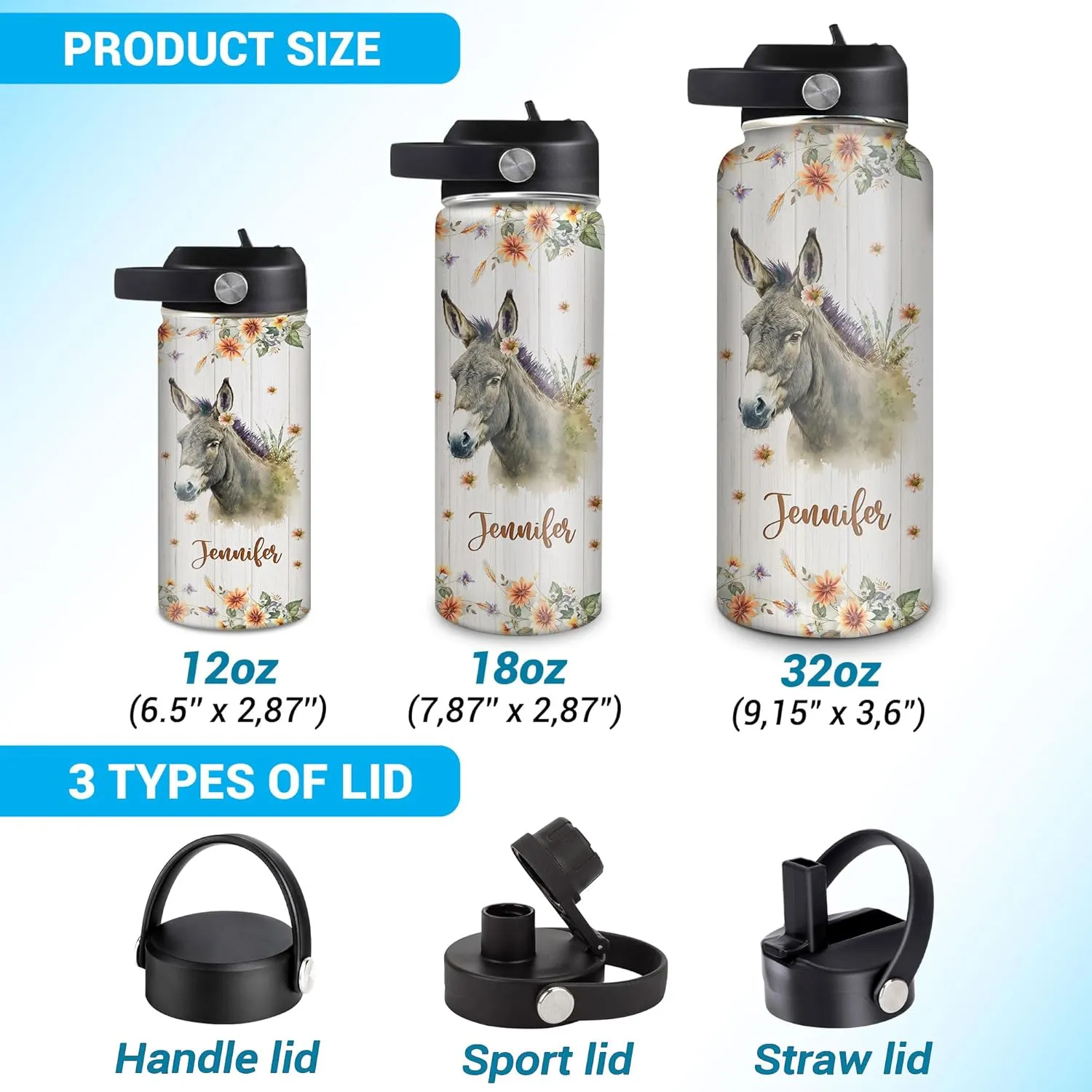 Hyturtle Personalized Donkey Water Bottle - Custom Name Insulated Stainless Steel Bottle with Leak-Proof Lid 18oz 32oz - Animal Lover Gift for Women Girls Donkey Lovers - Birthday & Christmas Gift