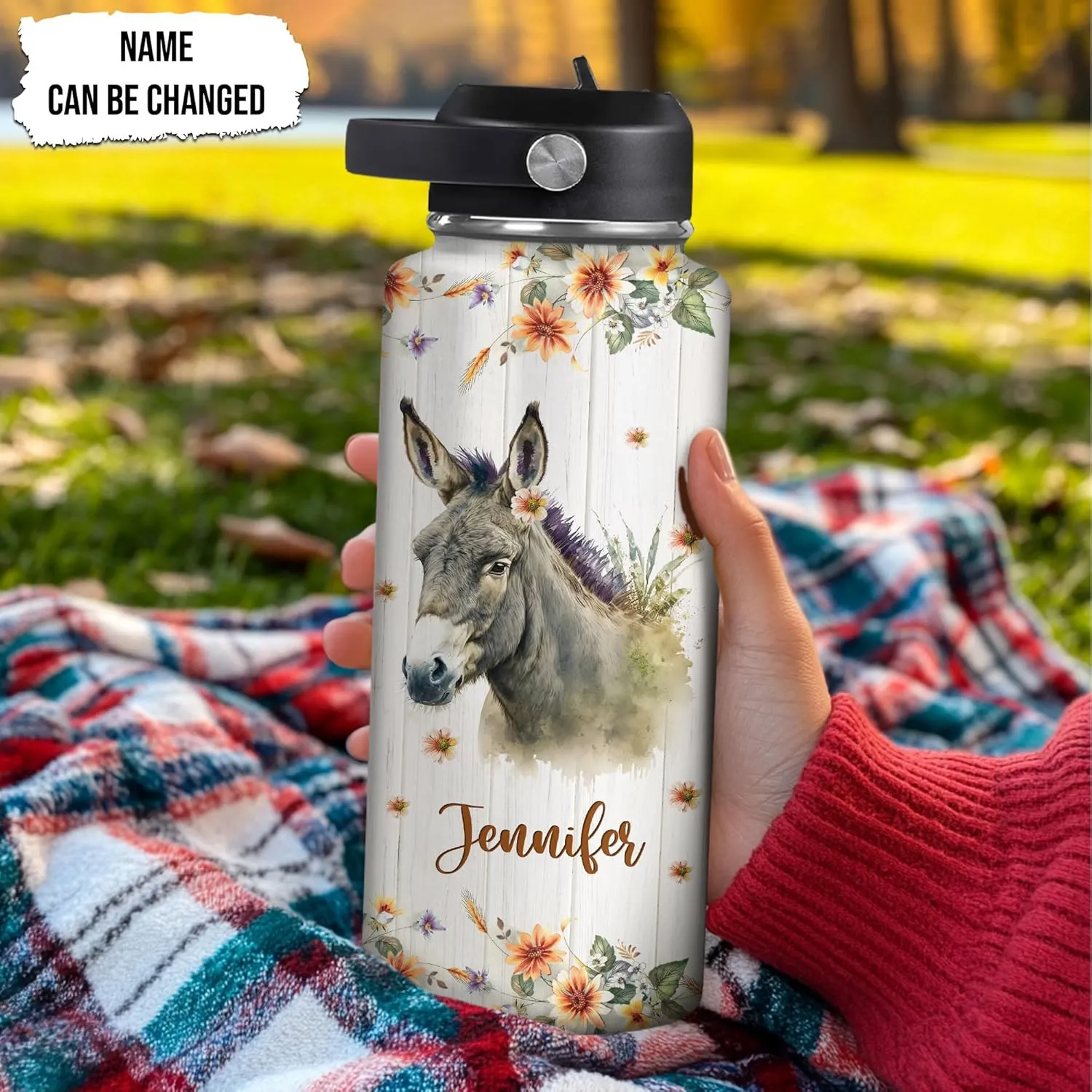 Hyturtle Personalized Donkey Water Bottle - Custom Name Insulated Stainless Steel Bottle with Leak-Proof Lid 18oz 32oz - Animal Lover Gift for Women Girls Donkey Lovers - Birthday & Christmas Gift