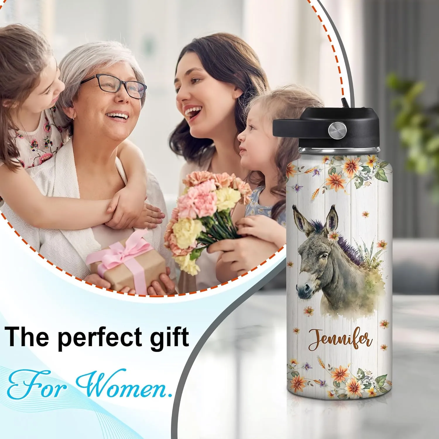 Hyturtle Personalized Donkey Water Bottle - Custom Name Insulated Stainless Steel Bottle with Leak-Proof Lid 18oz 32oz - Animal Lover Gift for Women Girls Donkey Lovers - Birthday & Christmas Gift