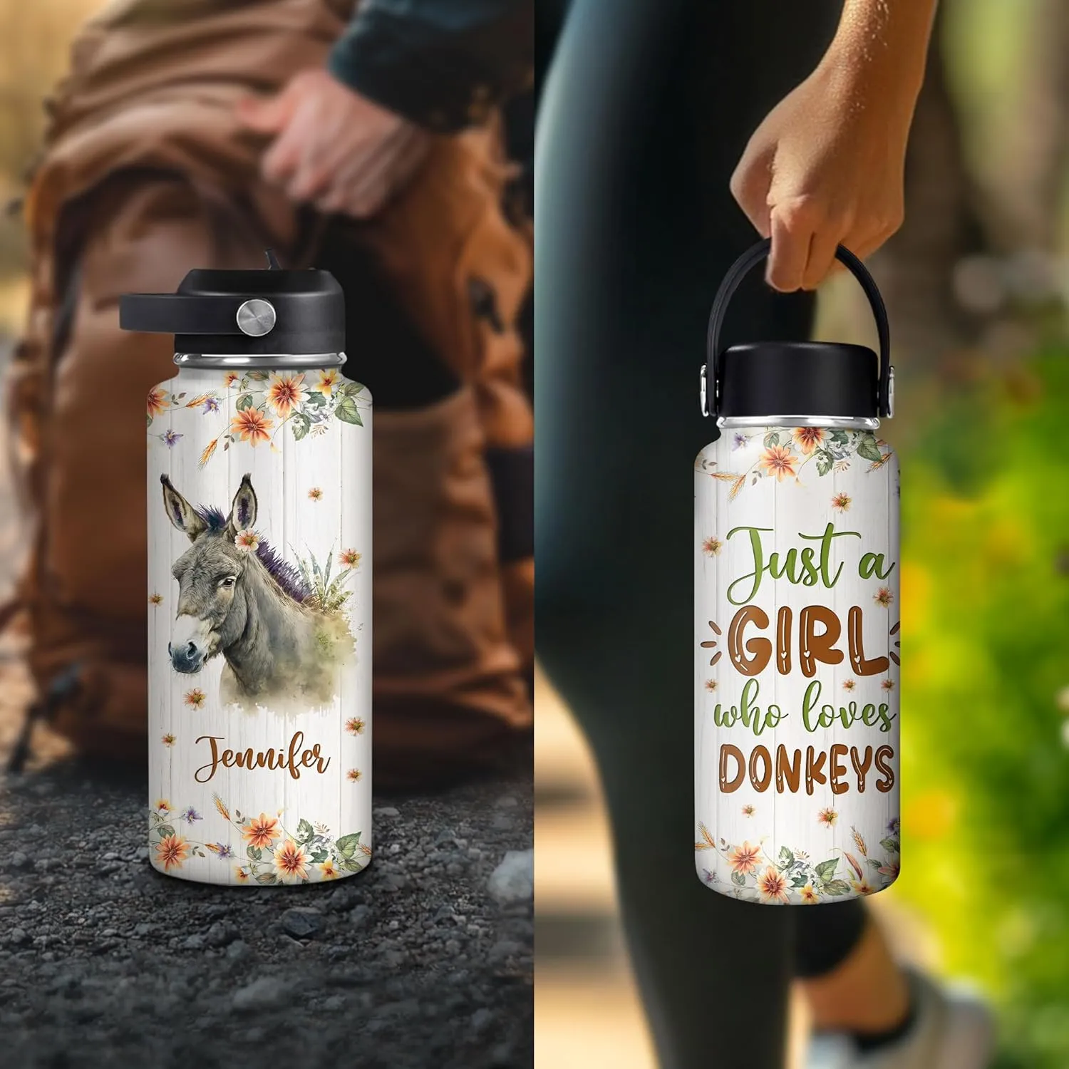 Hyturtle Personalized Donkey Water Bottle - Custom Name Insulated Stainless Steel Bottle with Leak-Proof Lid 18oz 32oz - Animal Lover Gift for Women Girls Donkey Lovers - Birthday & Christmas Gift