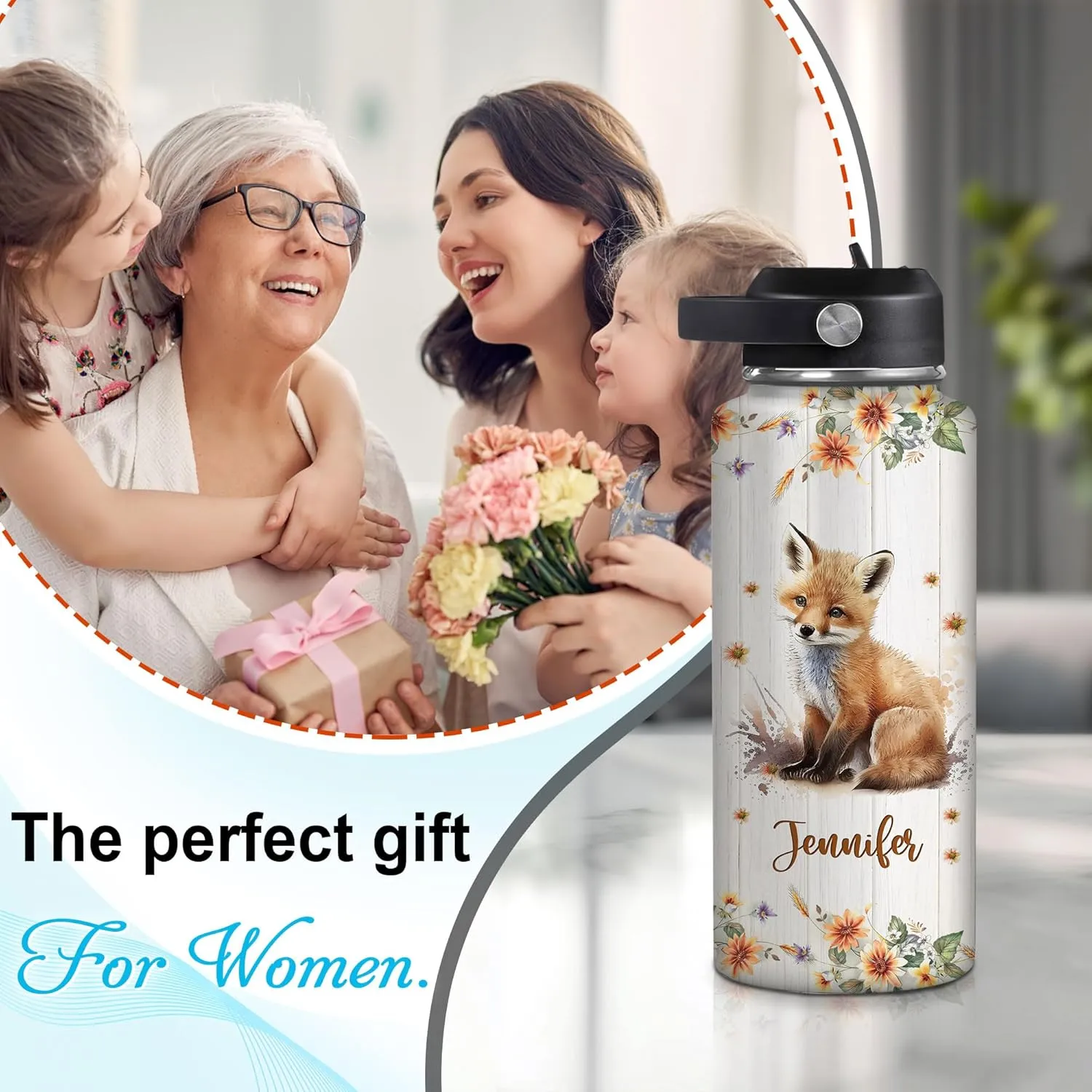 Hyturtle Personalized Fox Water Bottle - Insulated Stainless Steel Bottle with Leak-Proof Lid 18oz 32oz - Floral Fox Gift for Women, Girls, Fox Lovers, Animal Lovers - Birthday & Christmas Gift