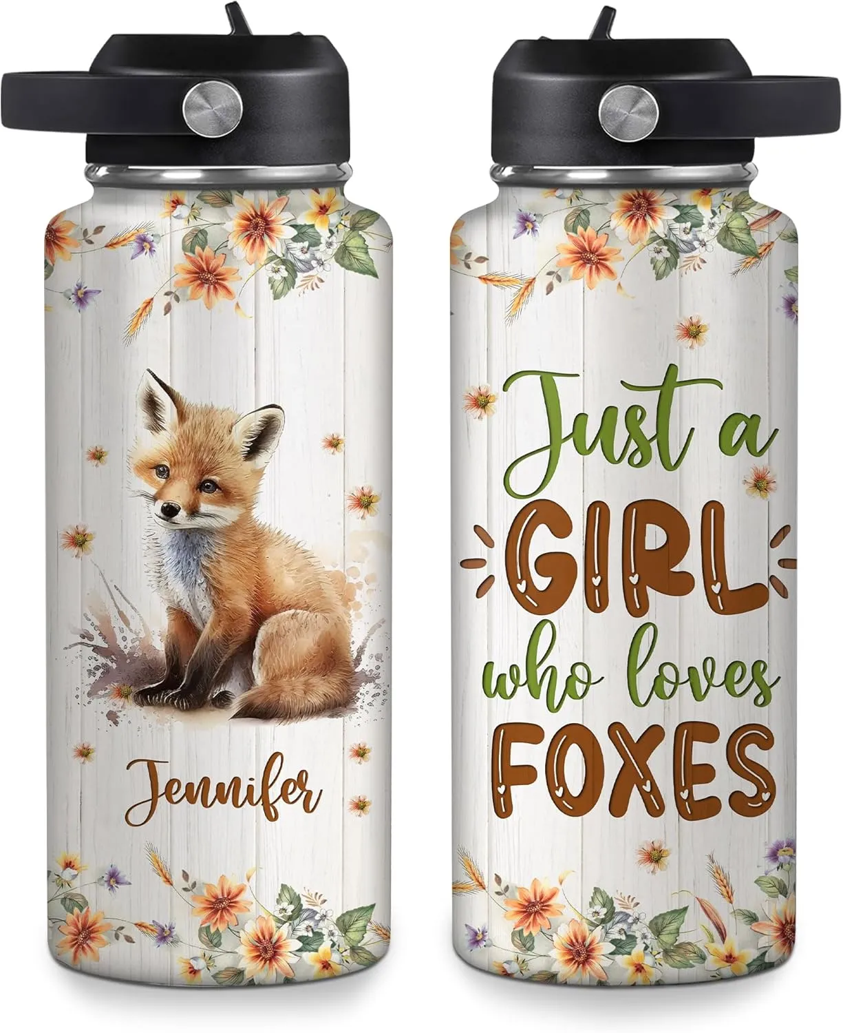 Hyturtle Personalized Fox Water Bottle - Insulated Stainless Steel Bottle with Leak-Proof Lid 18oz 32oz - Floral Fox Gift for Women, Girls, Fox Lovers, Animal Lovers - Birthday & Christmas Gift