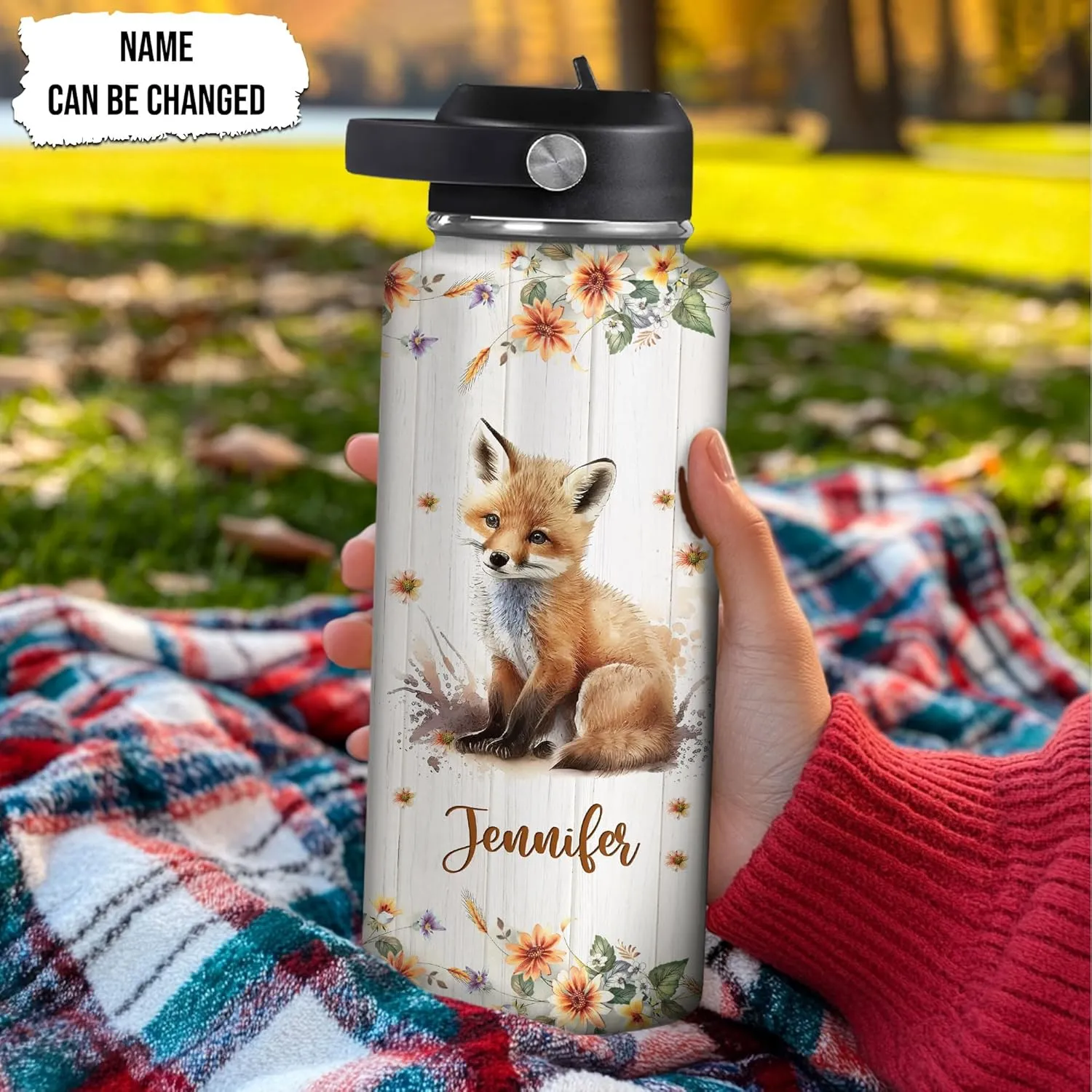 Hyturtle Personalized Fox Water Bottle - Insulated Stainless Steel Bottle with Leak-Proof Lid 18oz 32oz - Floral Fox Gift for Women, Girls, Fox Lovers, Animal Lovers - Birthday & Christmas Gift
