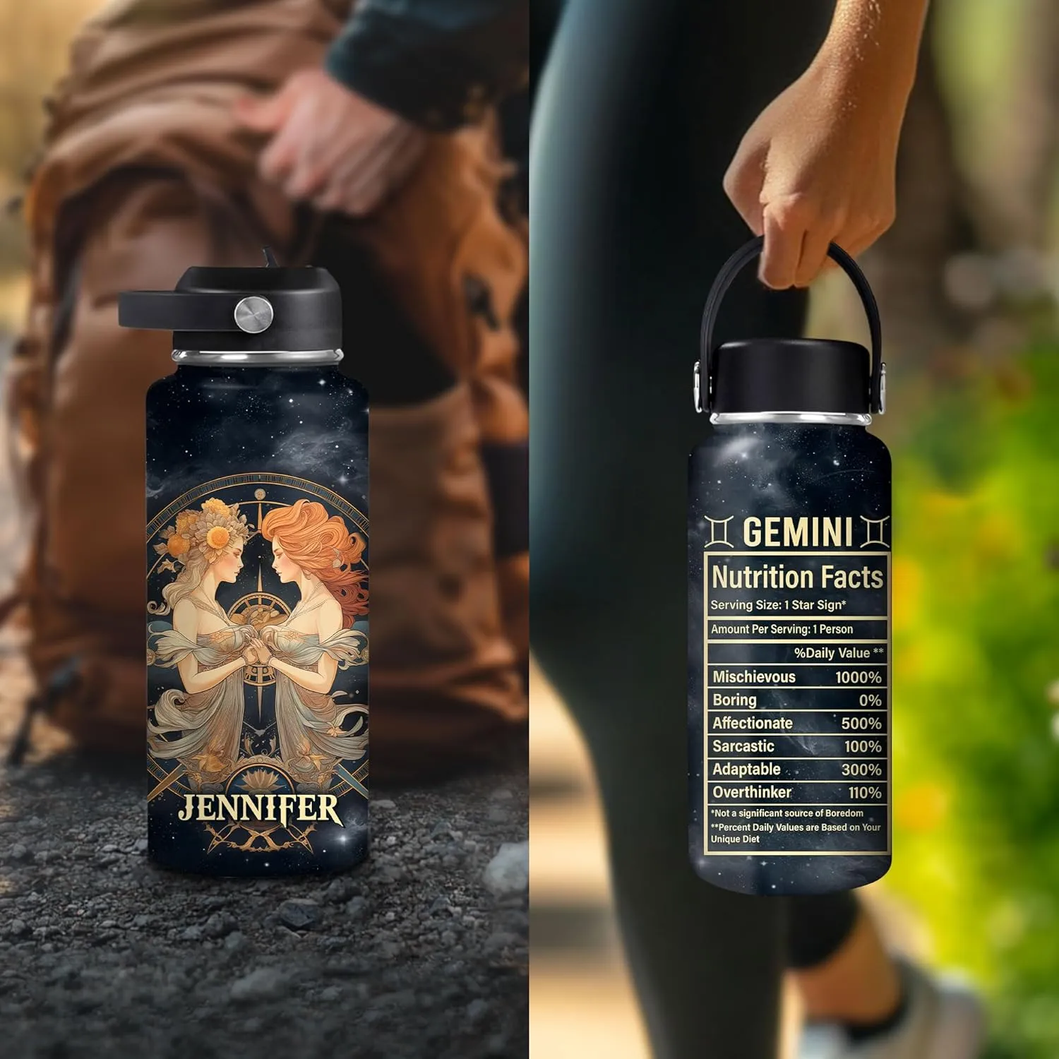 Hyturtle Personalized Gemini Water Bottle - Travel Insulated Stainless Steel Bottle with Leak-Proof Lid 18oz 32oz - Gemini Birthday Zodiac Astrology Gift for Women Girls - Constellation Gift