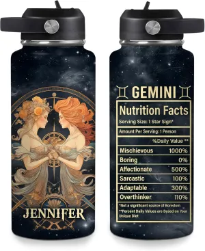 Hyturtle Personalized Gemini Water Bottle - Travel Insulated Stainless Steel Bottle with Leak-Proof Lid 18oz 32oz - Gemini Birthday Zodiac Astrology Gift for Women Girls - Constellation Gift