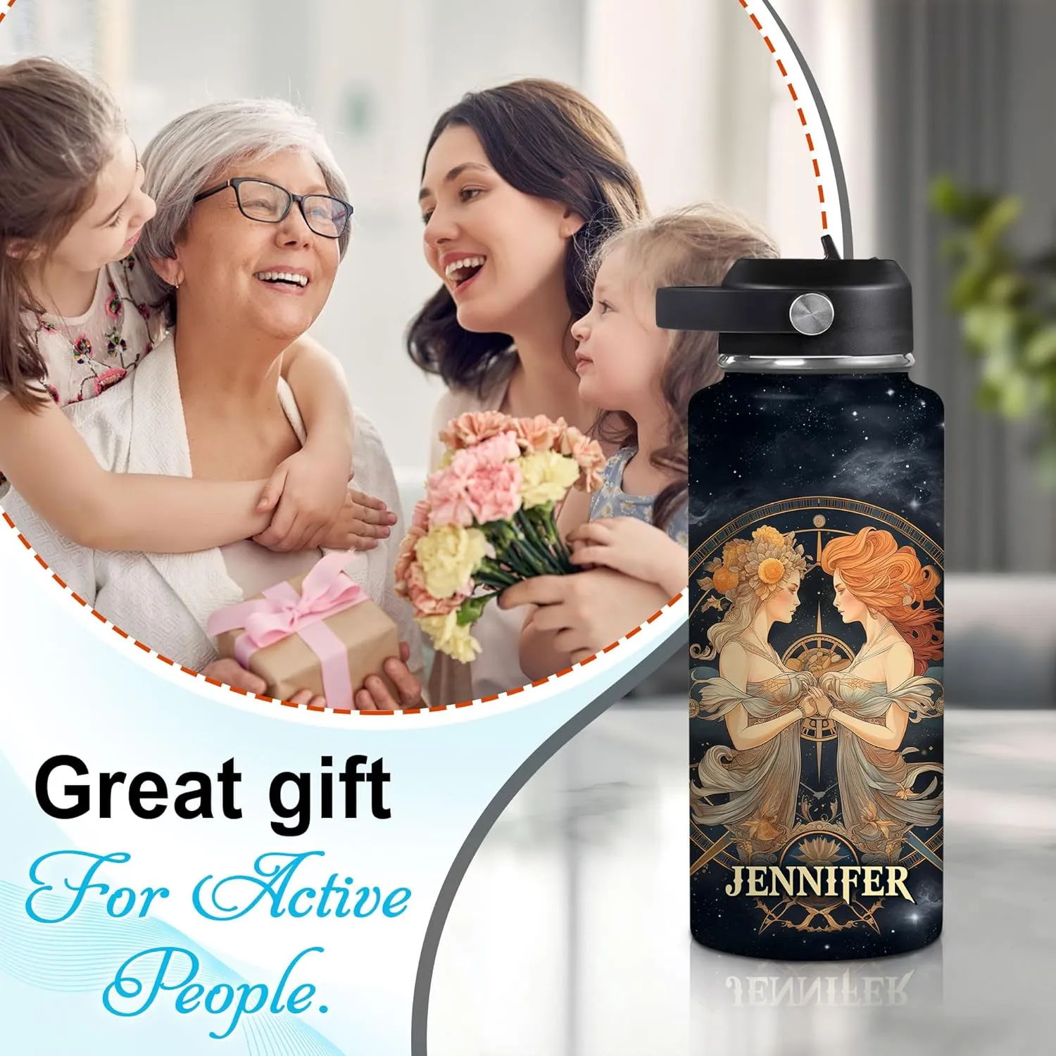 Hyturtle Personalized Gemini Water Bottle - Travel Insulated Stainless Steel Bottle with Leak-Proof Lid 18oz 32oz - Gemini Birthday Zodiac Astrology Gift for Women Girls - Constellation Gift