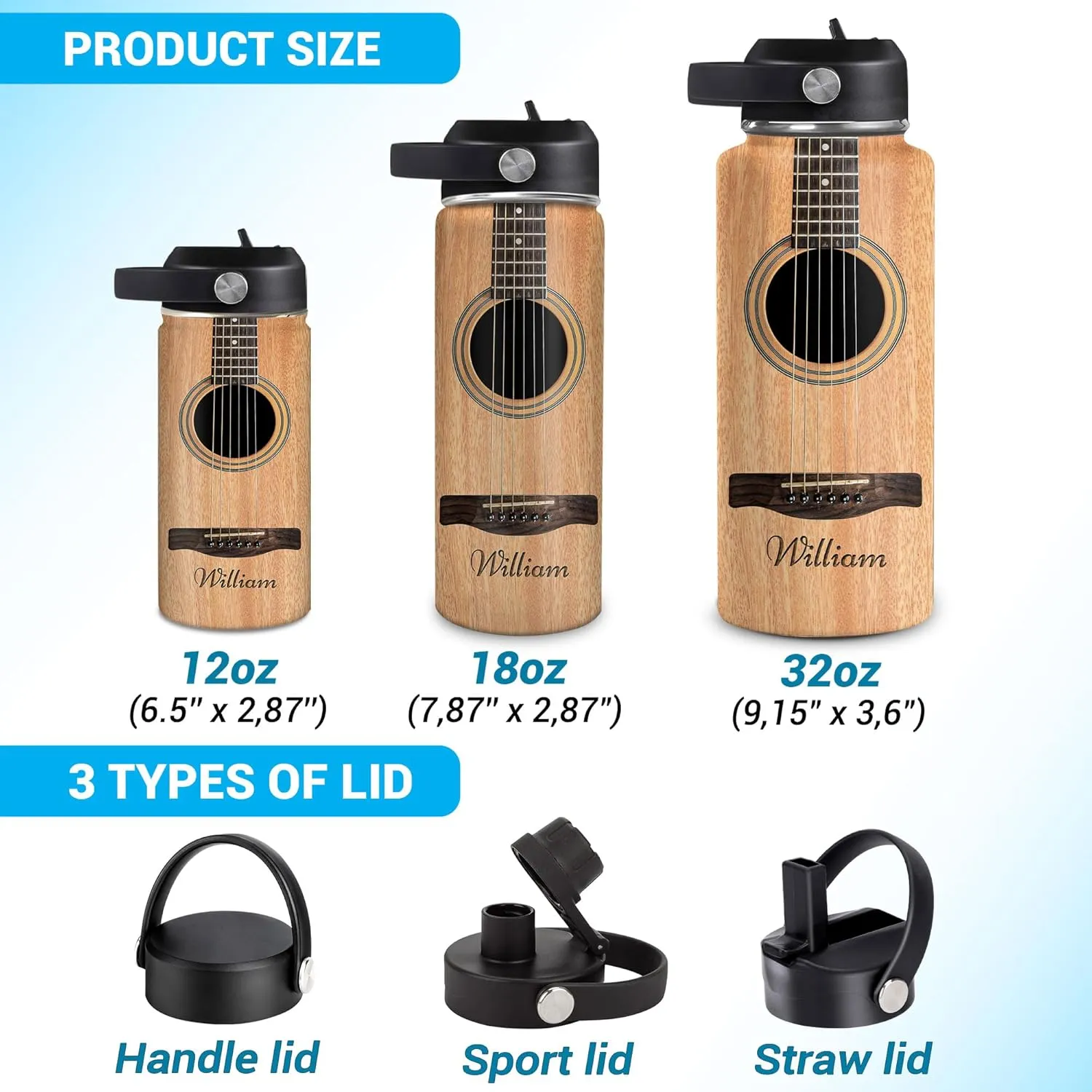 Hyturtle Personalized Guitar Water Bottle - Insulated Stainless Steel Bottle with Leak-Proof Lid 18oz 32oz - Music Lover Gift for Women Men Guitar Lovers - Acoustic & Electric Guitar Gift for Birthday