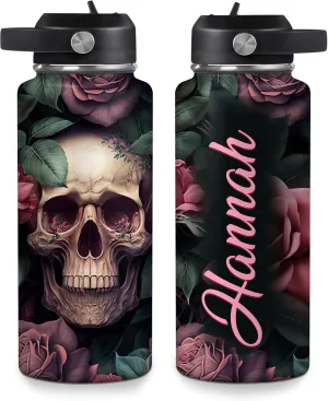 Hyturtle Personalized Skull Water Bottle - Travel Insulated Stainless Steel Bottle with Leak-Proof Lid 18oz 32oz - Skull Gift for Women Girls Skull Lovers with Floral Design - Birthday, Christmas Gift