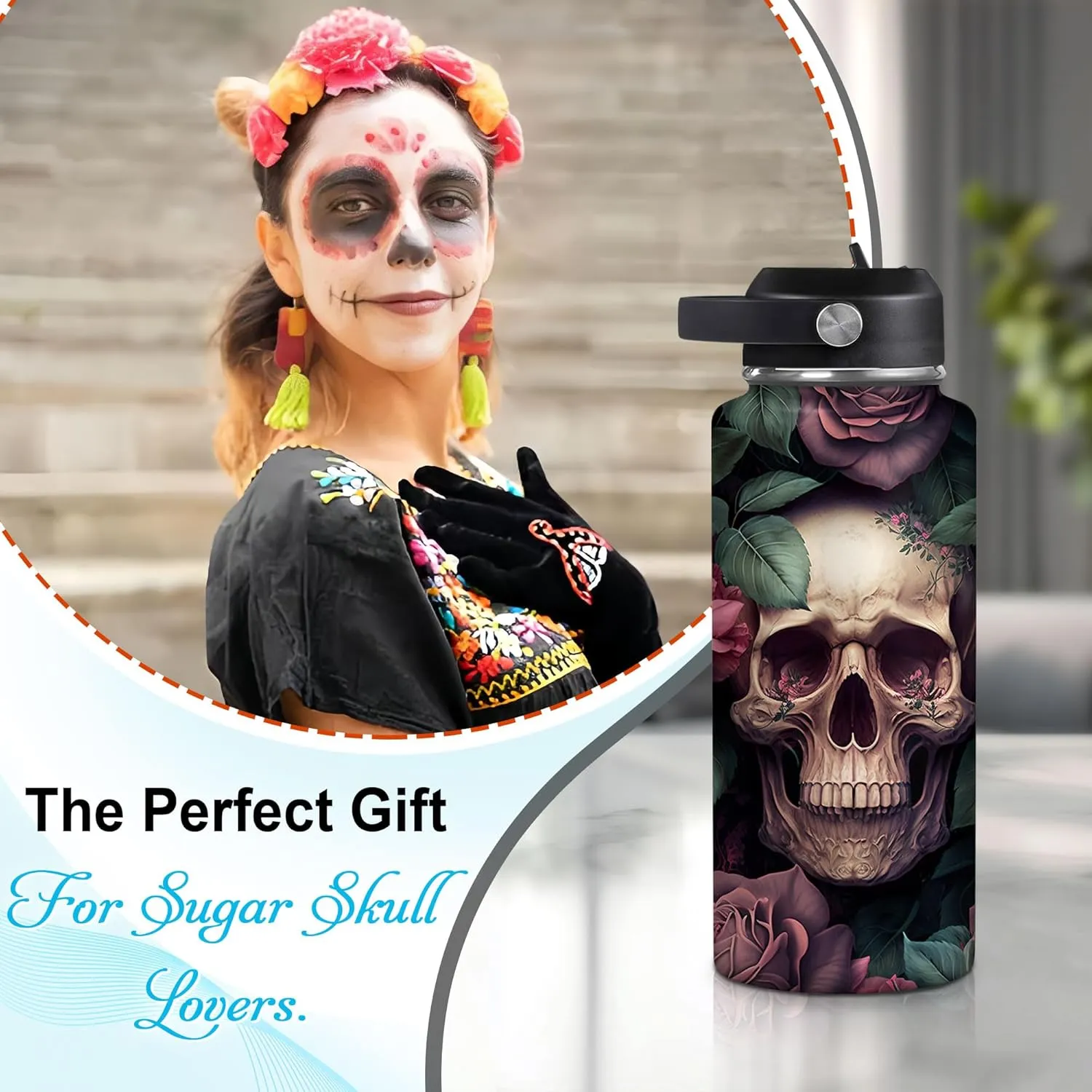 Hyturtle Personalized Skull Water Bottle - Travel Insulated Stainless Steel Bottle with Leak-Proof Lid 18oz 32oz - Skull Gift for Women Girls Skull Lovers with Floral Design - Birthday, Christmas Gift