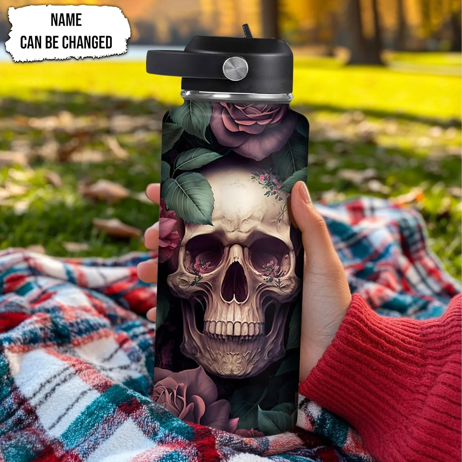 Hyturtle Personalized Skull Water Bottle - Travel Insulated Stainless Steel Bottle with Leak-Proof Lid 18oz 32oz - Skull Gift for Women Girls Skull Lovers with Floral Design - Birthday, Christmas Gift