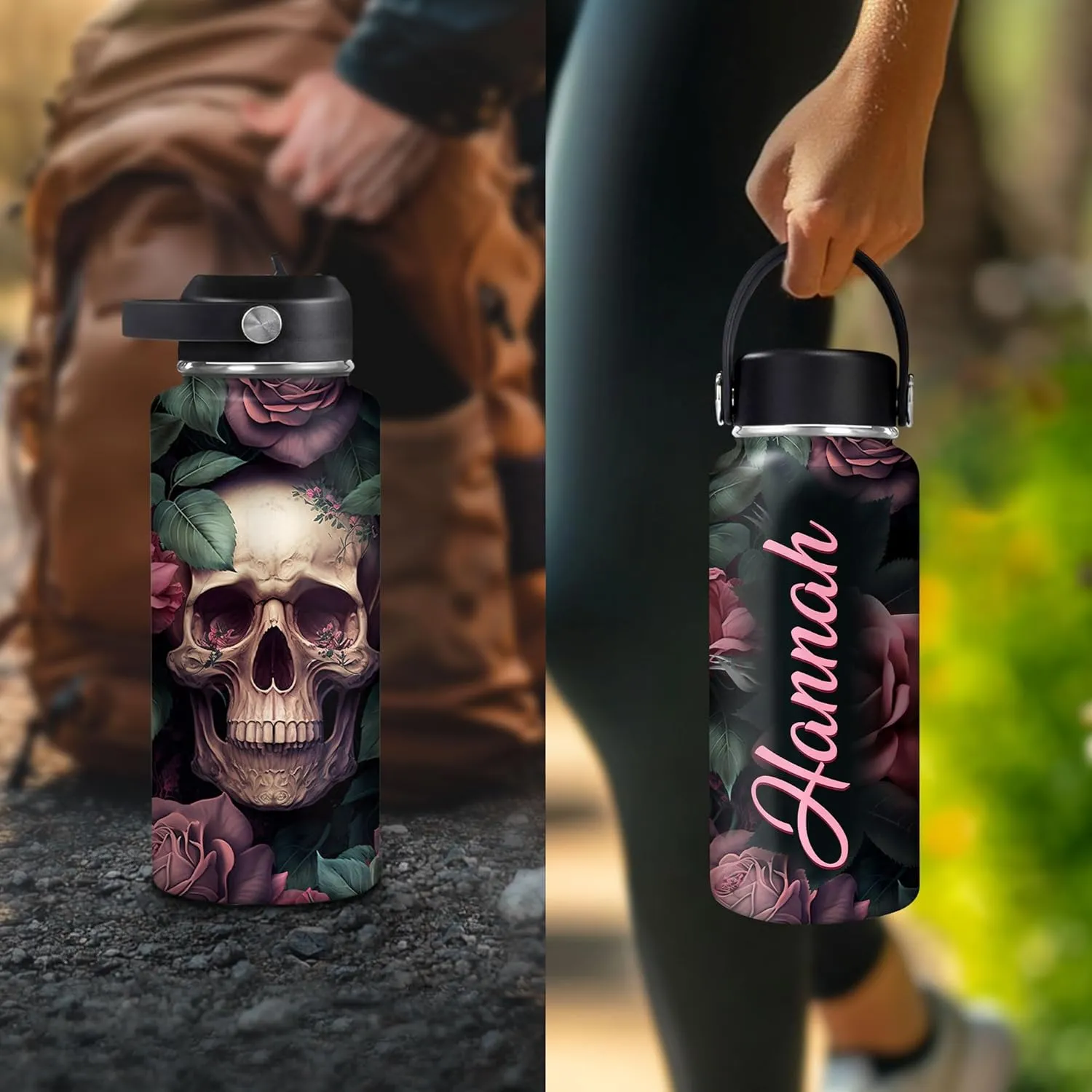 Hyturtle Personalized Skull Water Bottle - Travel Insulated Stainless Steel Bottle with Leak-Proof Lid 18oz 32oz - Skull Gift for Women Girls Skull Lovers with Floral Design - Birthday, Christmas Gift