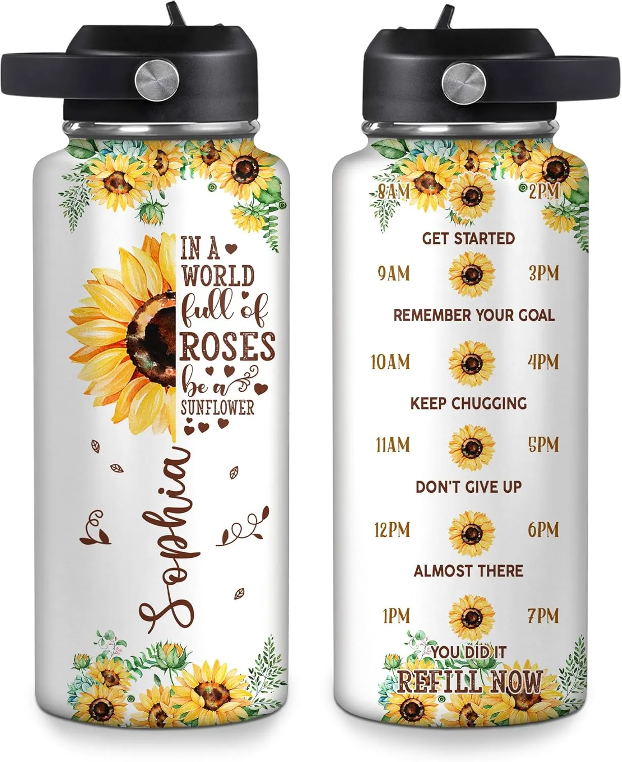 Hyturtle Personalized Sunflower Water Bottle - Travel Insulated Stainless Steel Bottle with Leak-Proof Lid 18oz 32oz - Sunflower Gift for Women, Girls, Sunflower Lovers - Birthday & Christmas Gift