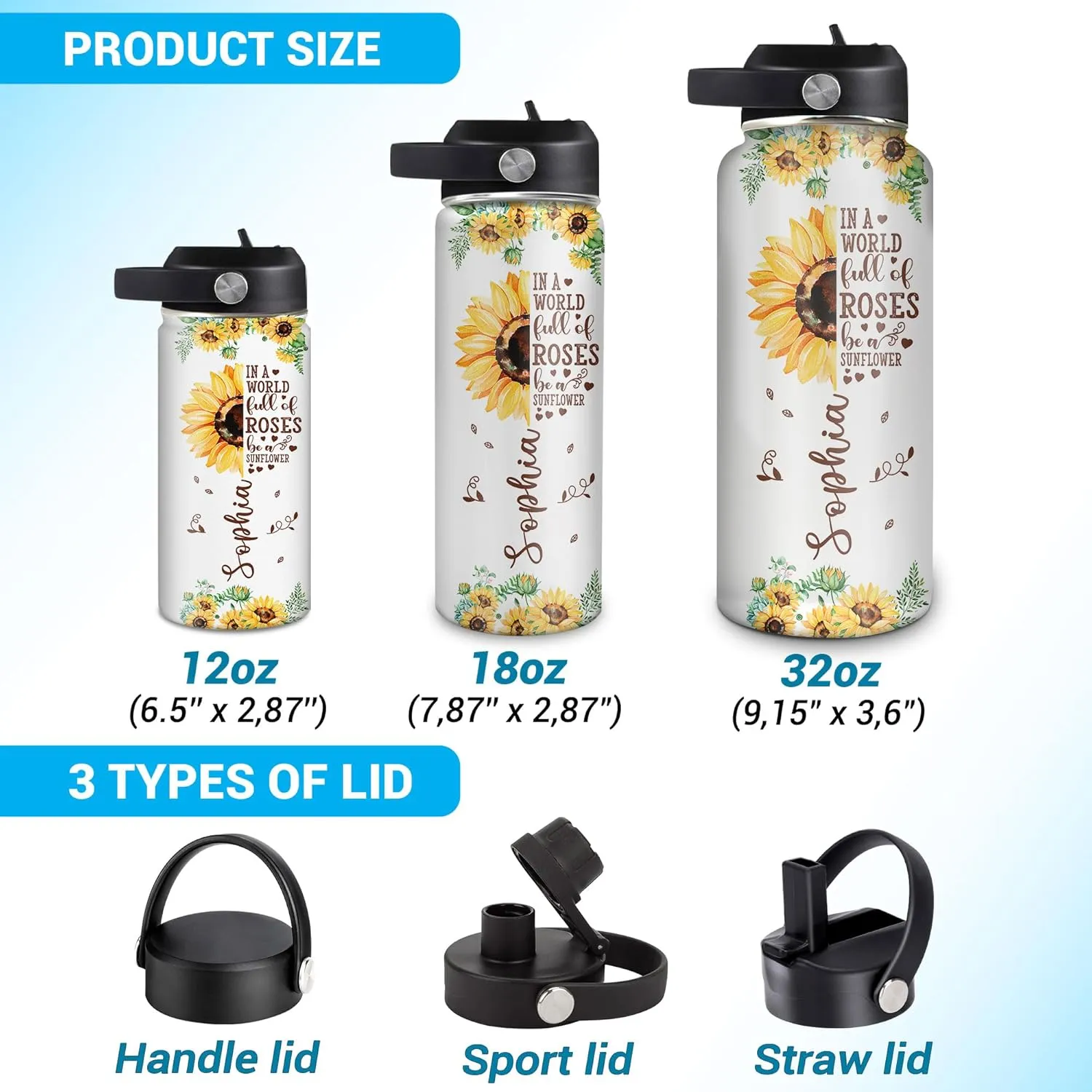 Hyturtle Personalized Sunflower Water Bottle - Travel Insulated Stainless Steel Bottle with Leak-Proof Lid 18oz 32oz - Sunflower Gift for Women, Girls, Sunflower Lovers - Birthday & Christmas Gift
