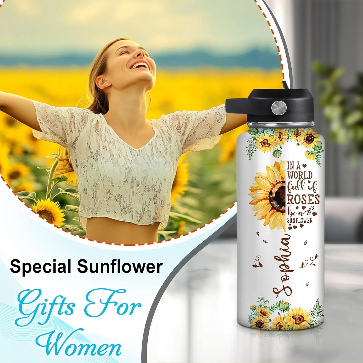 Hyturtle Personalized Sunflower Water Bottle - Travel Insulated Stainless Steel Bottle with Leak-Proof Lid 18oz 32oz - Sunflower Gift for Women, Girls, Sunflower Lovers - Birthday & Christmas Gift