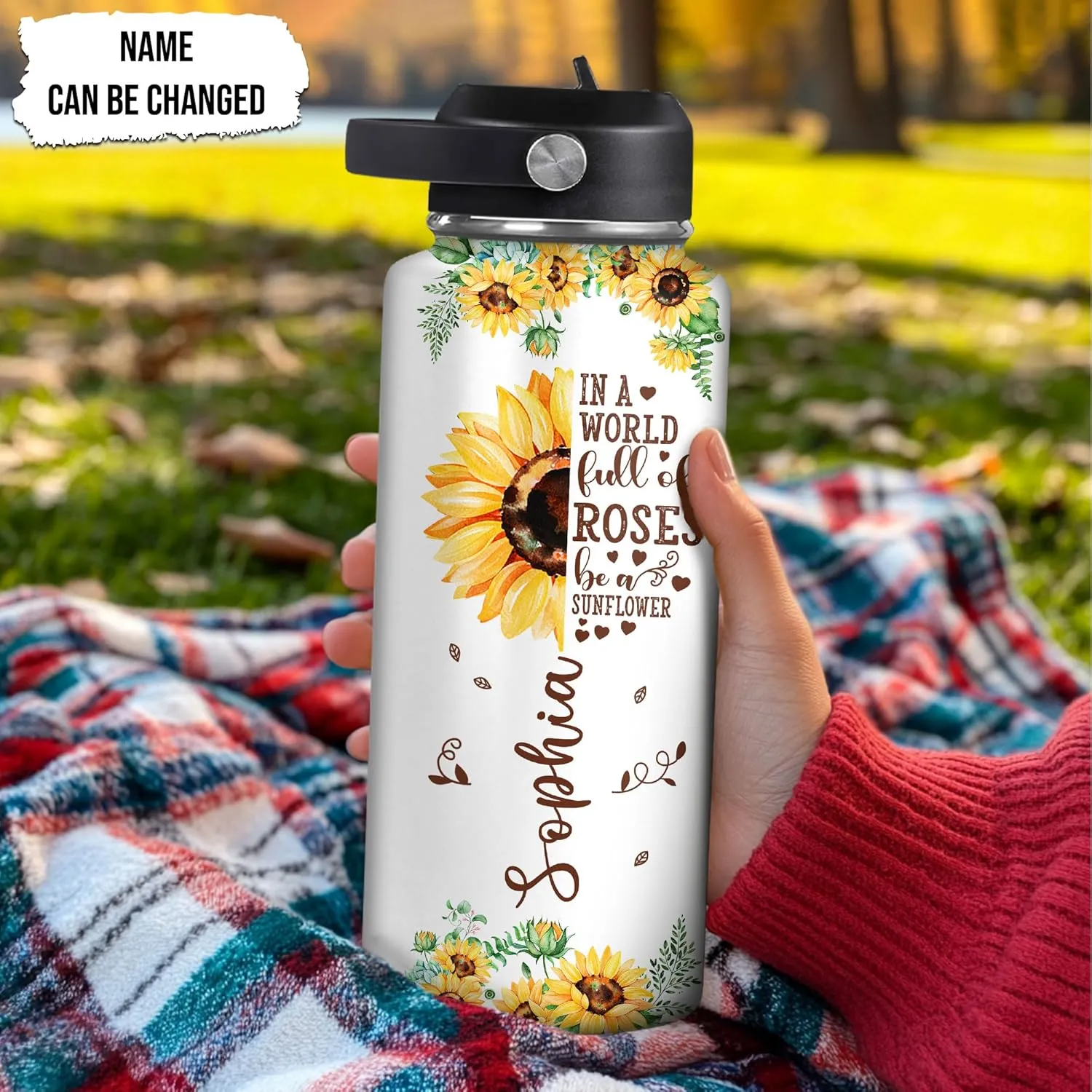 Hyturtle Personalized Sunflower Water Bottle - Travel Insulated Stainless Steel Bottle with Leak-Proof Lid 18oz 32oz - Sunflower Gift for Women, Girls, Sunflower Lovers - Birthday & Christmas Gift