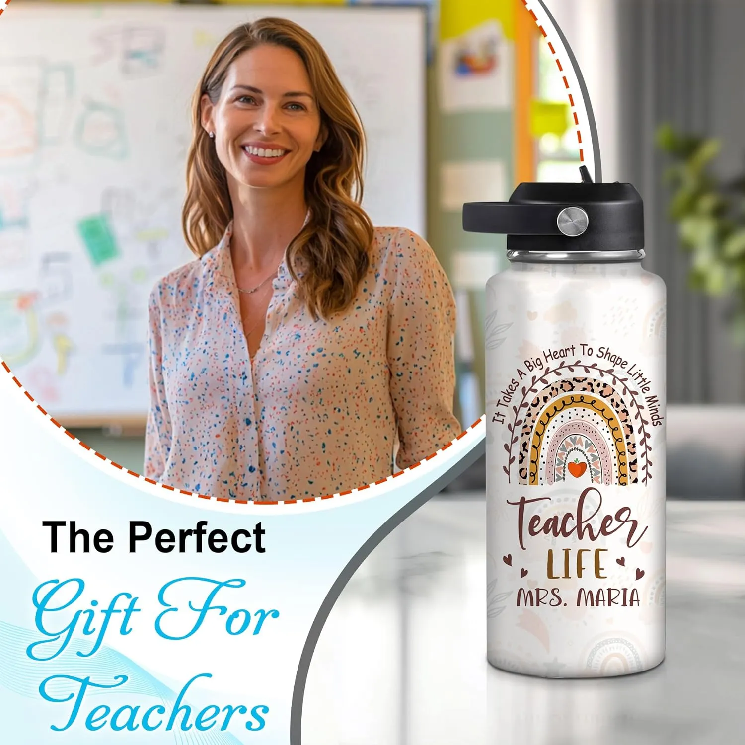 Hyturtle Personalized Teacher Water Bottle - Custom Name Insulated Stainless Steel Bottle with LeakProof Lid 18oz 32oz - Teacher Appreciation Gift from Students for Birthday Back to School End of Year