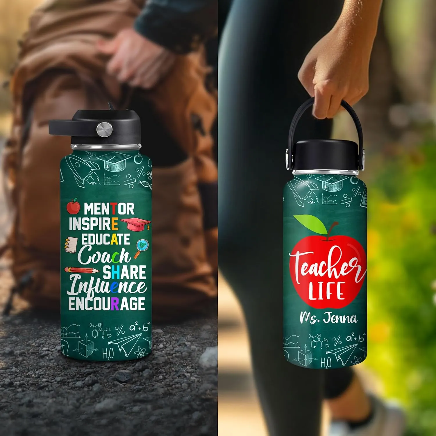 Hyturtle Personalized Teacher Water Bottle - Custom Name Insulated Stainless Steel Bottle with LeakProof Lid 18oz 32oz - Teacher life Appreciation Gift from Students for Birthday Back to School