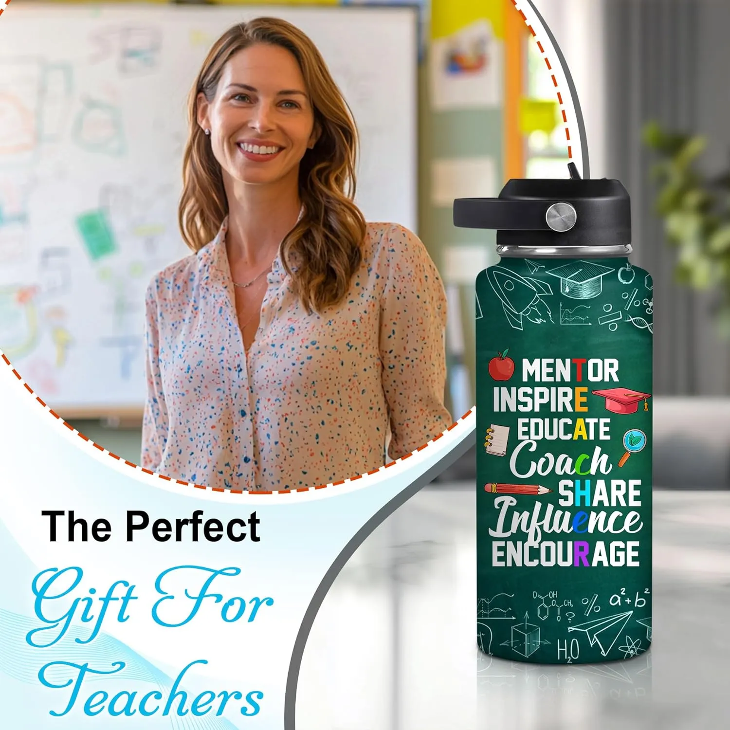 Hyturtle Personalized Teacher Water Bottle - Custom Name Insulated Stainless Steel Bottle with LeakProof Lid 18oz 32oz - Teacher life Appreciation Gift from Students for Birthday Back to School