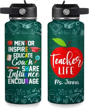 Hyturtle Personalized Teacher Water Bottle - Custom Name Insulated Stainless Steel Bottle with LeakProof Lid 18oz 32oz - Teacher life Appreciation Gift from Students for Birthday Back to School