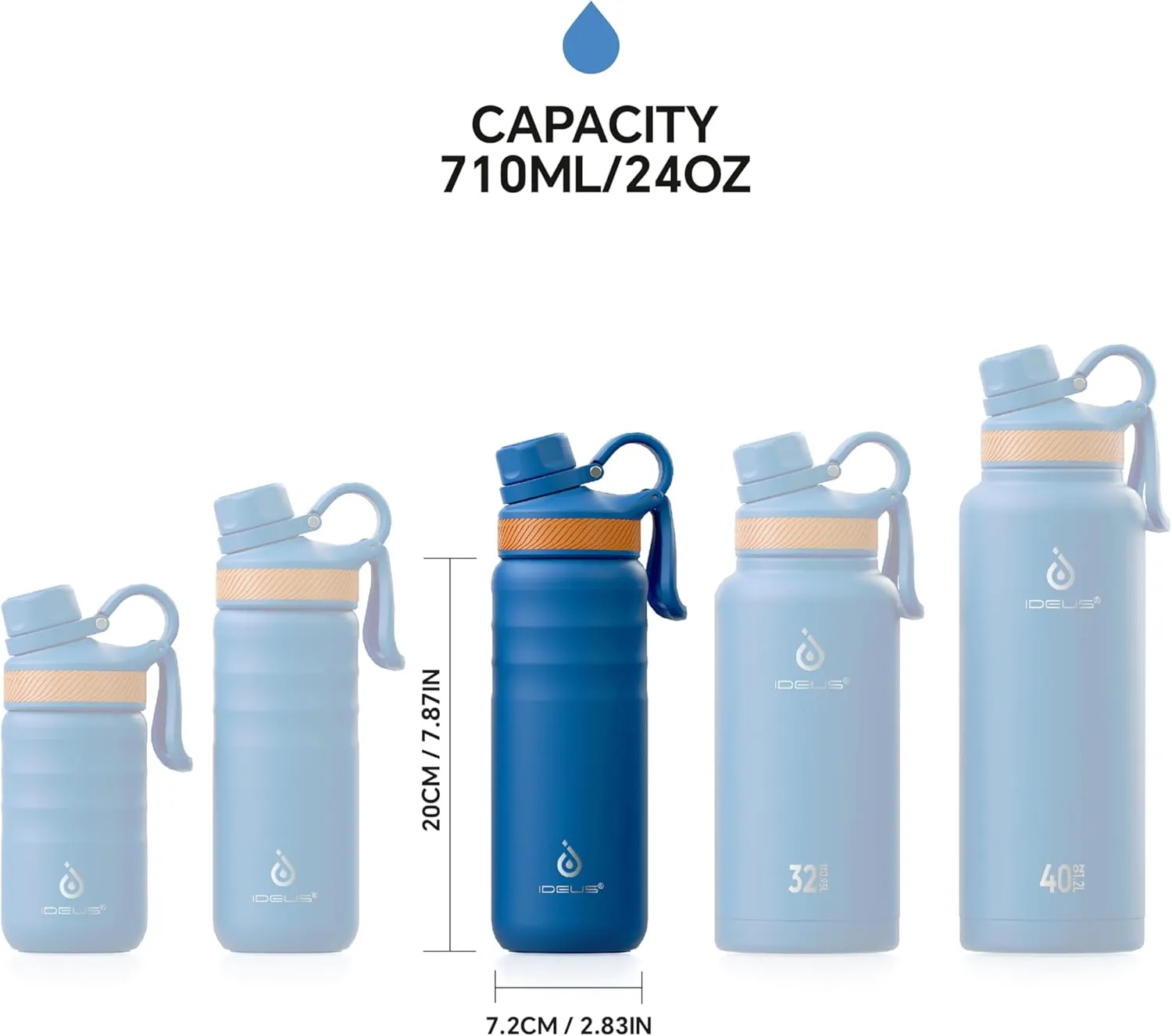 IDEUS Insulated Stainless Steel Water Bottle with 2 Leak-Proof Lids, Thermal Water Flask for Hiking Biking, 24oz, Bright Blue