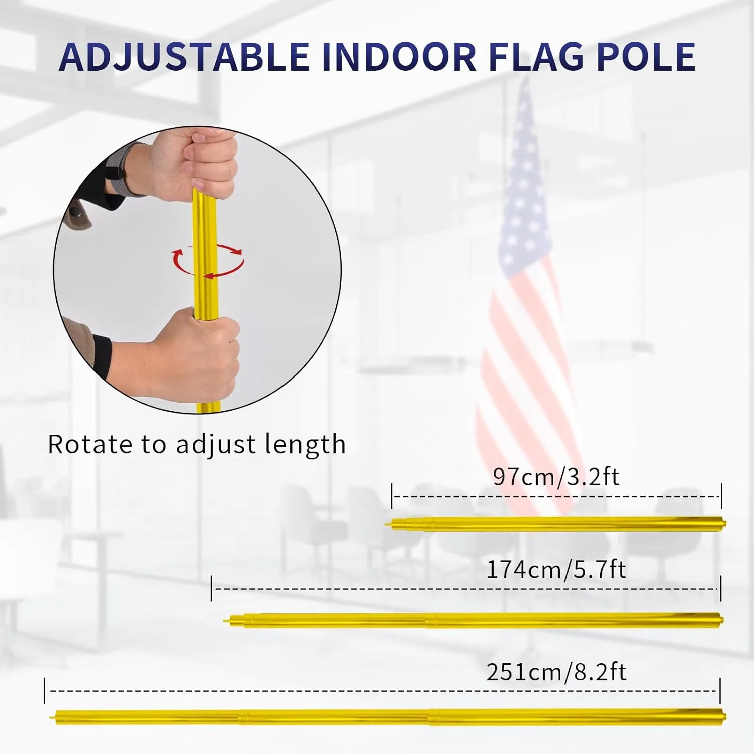 Indoor Flag Pole Kit with Weighted & Thickened Base 6-8FT Adjustable Height ,Aluminum Commercial Indoor Flagpole for Office School City Hall,Heavy Duty Indoor Telescoping Flag Pole,Golden 2PACKS