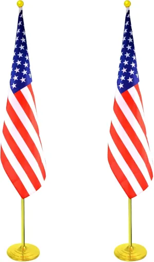 Indoor Flag Pole Kit with Weighted & Thickened Base 6-8FT Adjustable Height ,Aluminum Commercial Indoor Flagpole for Office School City Hall,Heavy Duty Indoor Telescoping Flag Pole,Golden 2PACKS
