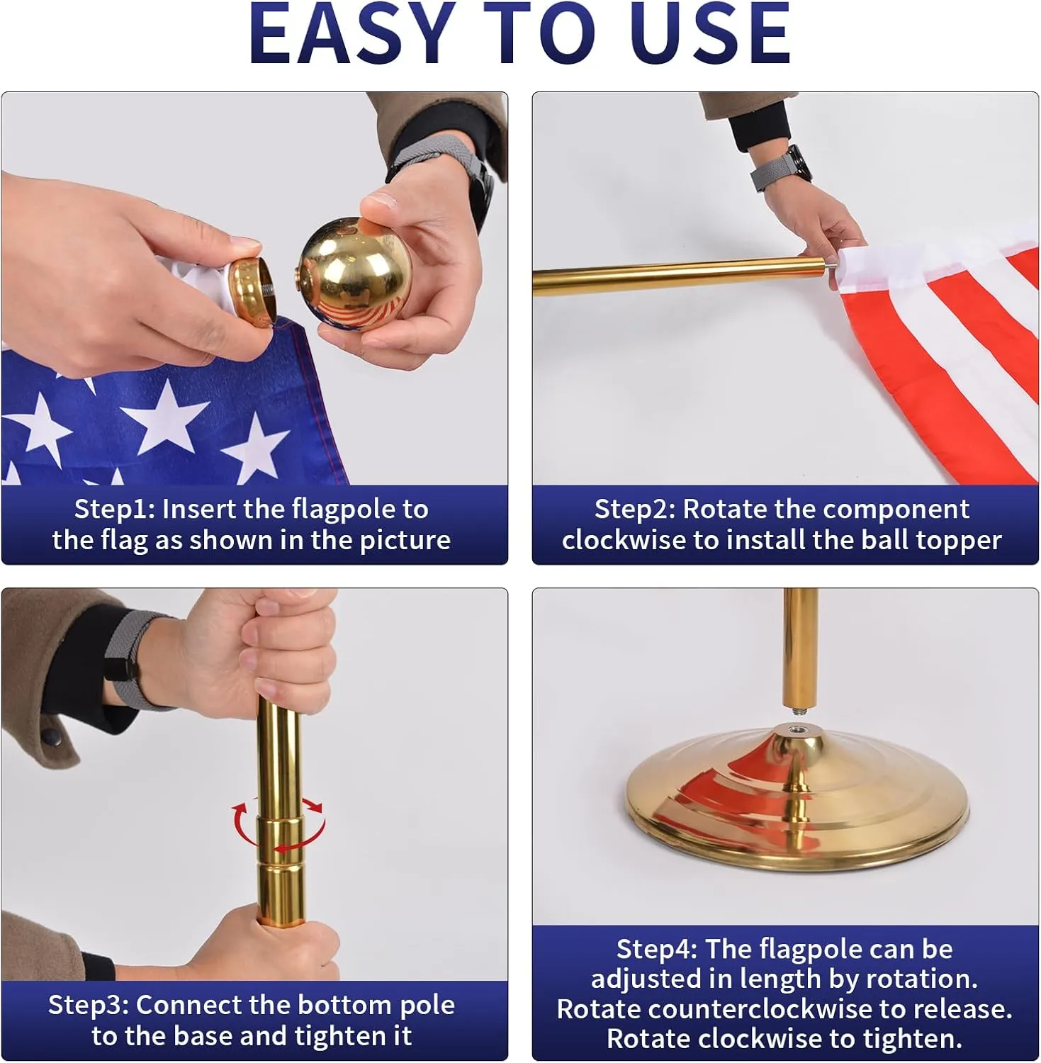 Indoor Flag Pole Kit with Weighted & Thickened Base 6-8FT Adjustable Height ,Aluminum Commercial Indoor Flagpole for Office School City Hall,Heavy Duty Indoor Telescoping Flag Pole,Golden 2PACKS