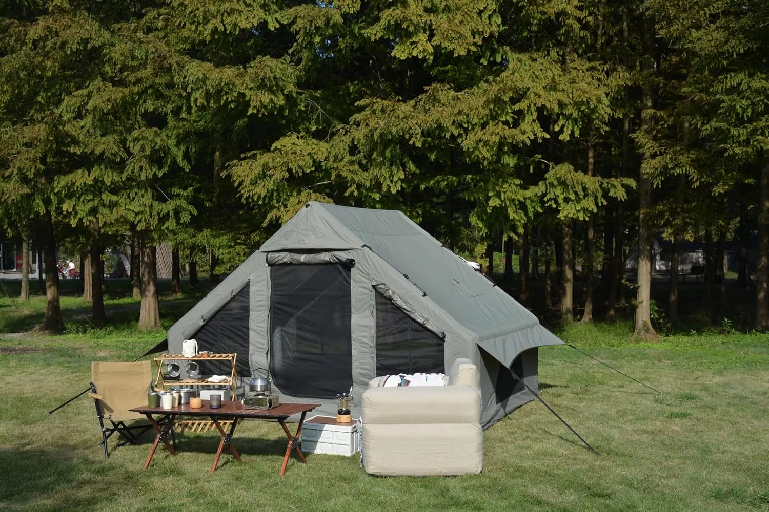Inflatable Camping Tent Easy Setup for 4-6 Persons, Waterproof with Stove Jack, Portable Design, Beige