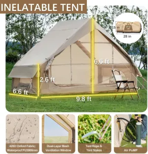 Inflatable Tent with Pump,Glamping Tents for 4-6 Person,Easy Setup 4 Season Waterproof Outdoor Tents,Waterproof Luxury Glamping Tent with 12 Mesh Window.
