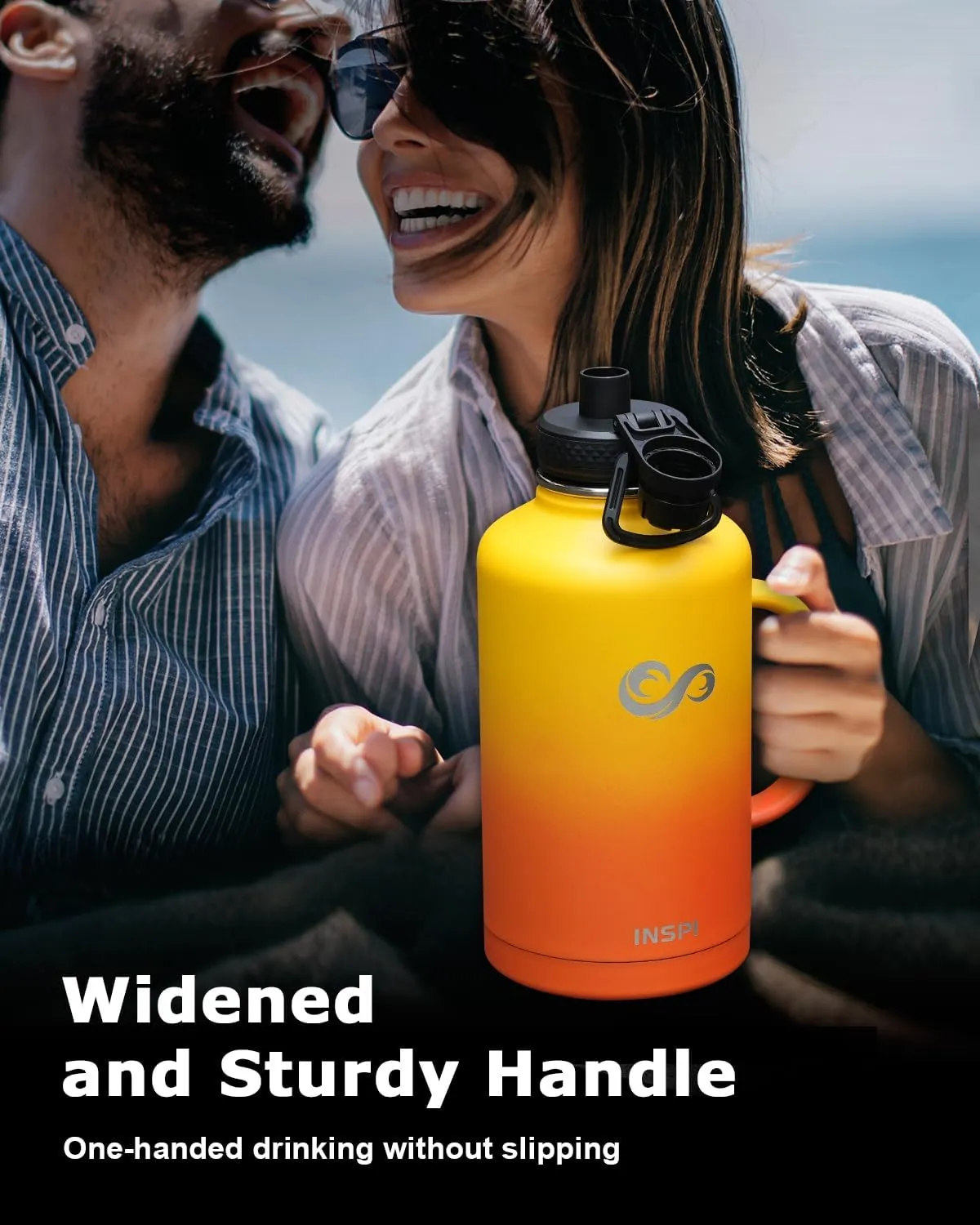 INSPI Half Gallon Water Bottle with Handle, 64oz Insulated Water Bottle with Straw & 2 Lids, Double Wall Stainless Steel Large Jug Travel Flask for School, Hiking & Camping, 100% Leak Proof, Orange