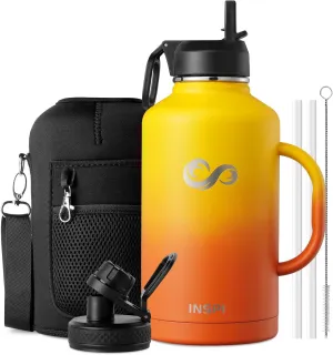 INSPI Half Gallon Water Bottle with Handle, 64oz Insulated Water Bottle with Straw & 2 Lids, Double Wall Stainless Steel Large Jug Travel Flask for School, Hiking & Camping, 100% Leak Proof, Orange