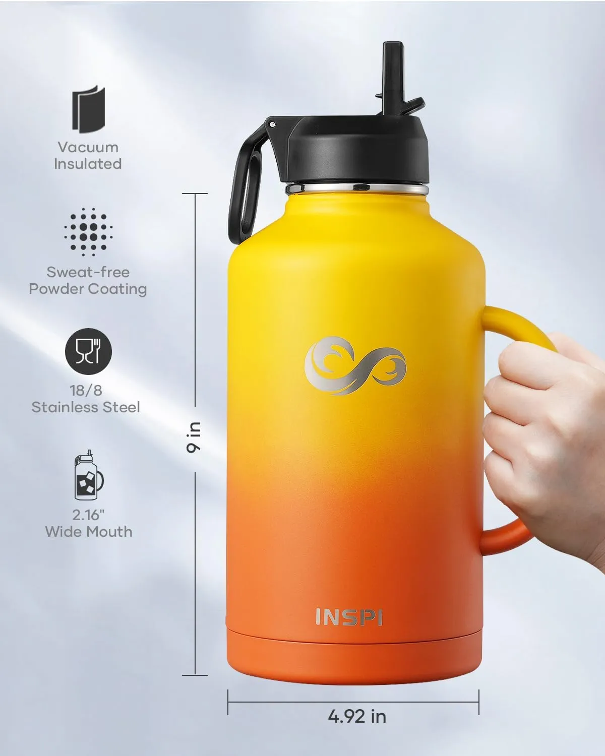 INSPI Half Gallon Water Bottle with Handle, 64oz Insulated Water Bottle with Straw & 2 Lids, Double Wall Stainless Steel Large Jug Travel Flask for School, Hiking & Camping, 100% Leak Proof, Orange