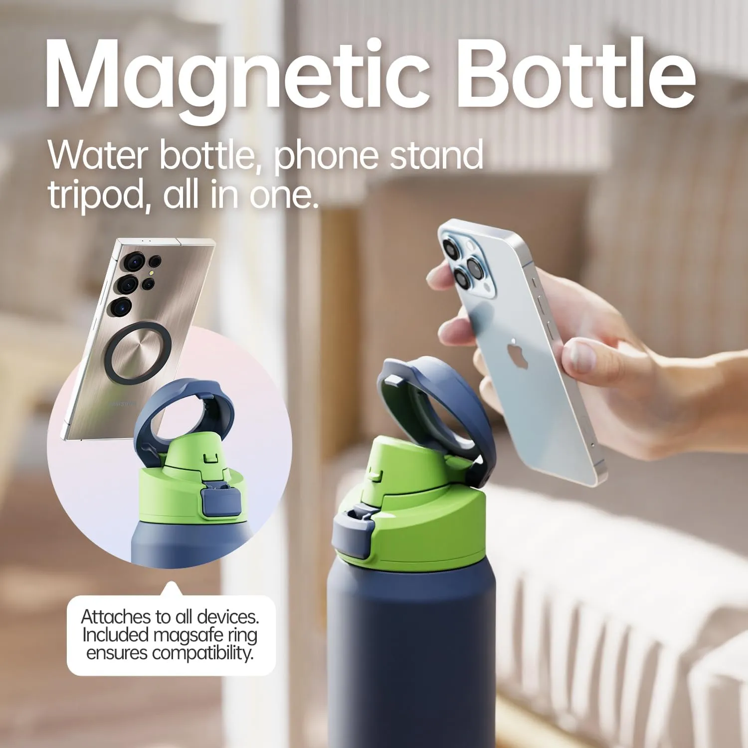 Insulated Magnetic Water Bottle - Reusable Stainless Steel Bottle with MagSafe Compatible Phone Holder -Keeps Cold for 24 Hours - Perfect for Gym, Sports, and Travel- Navy Blue 24oz