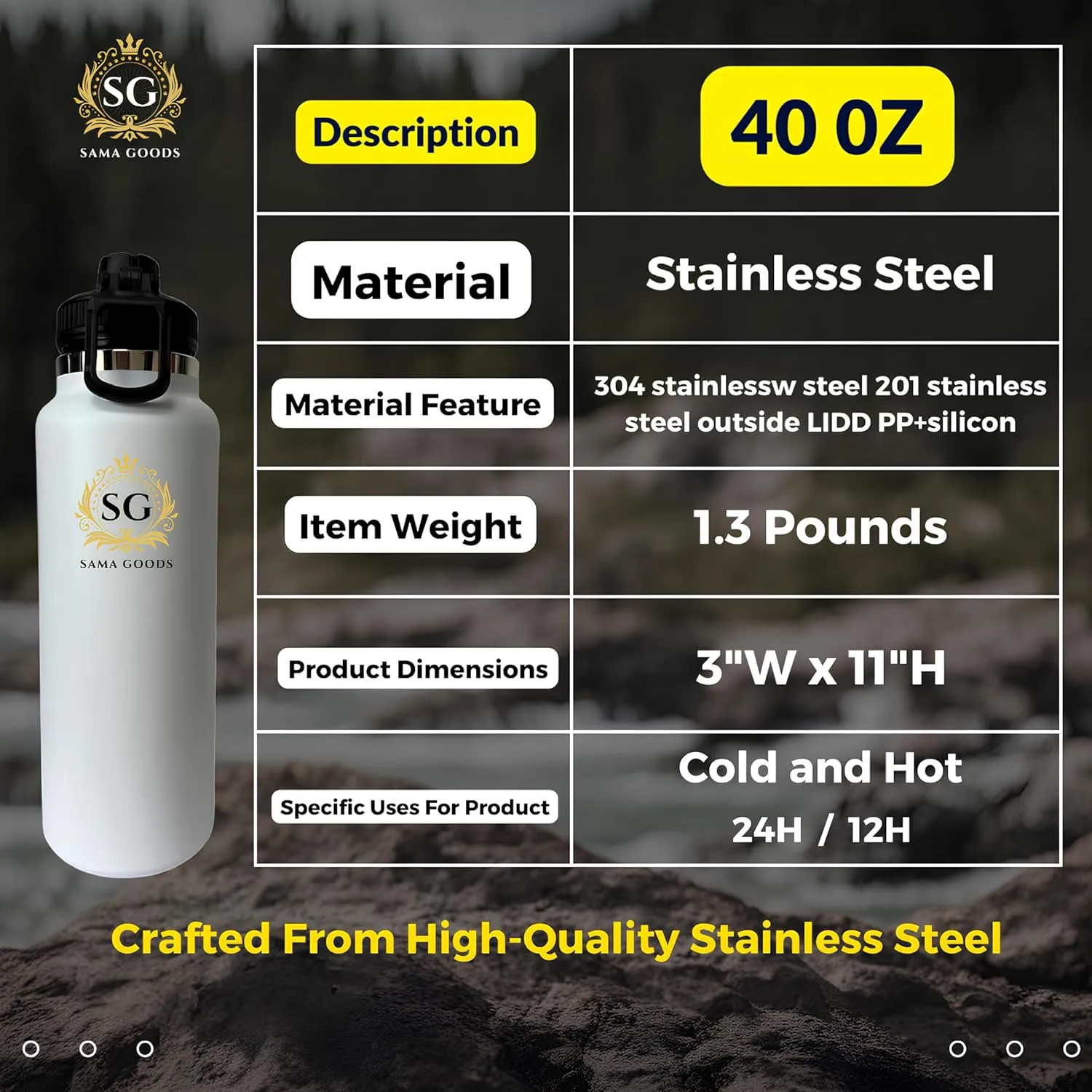 Insulated Stainless Steel Tumbler (White, 40 Oz, Water Bottle)