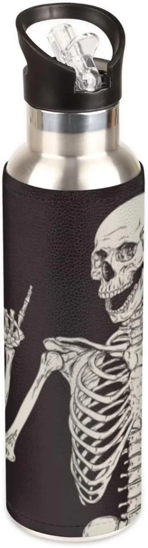 Insulated Stainless Steel Water Bottle with Straw 20oz Cute Skeleton Skull Black Sports Water Bottles BPA Free Leakproof Metal Vacuum Flask Jug for Kids Gym Fitness