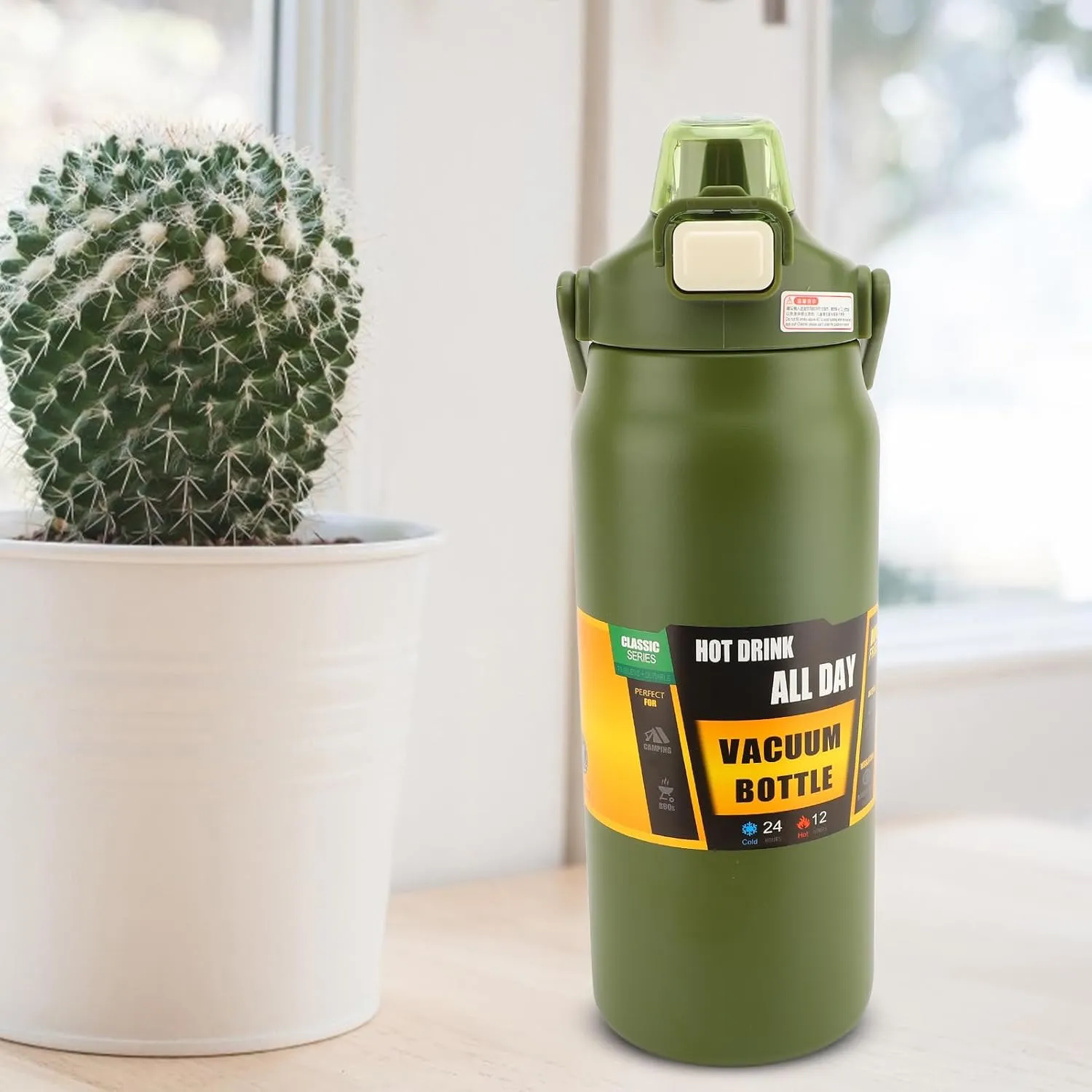 Insulated Vacuum Thermal Bottle, Auto Straw Lockable Lid 24oz 304 Stainless Steel Wide Mouth Design for Indoor Workout Outdoor Excursions (Dark Green)