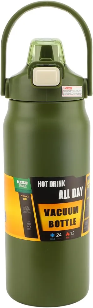 Insulated Vacuum Thermal Bottle, Auto Straw Lockable Lid 24oz 304 Stainless Steel Wide Mouth Design for Indoor Workout Outdoor Excursions (Dark Green)