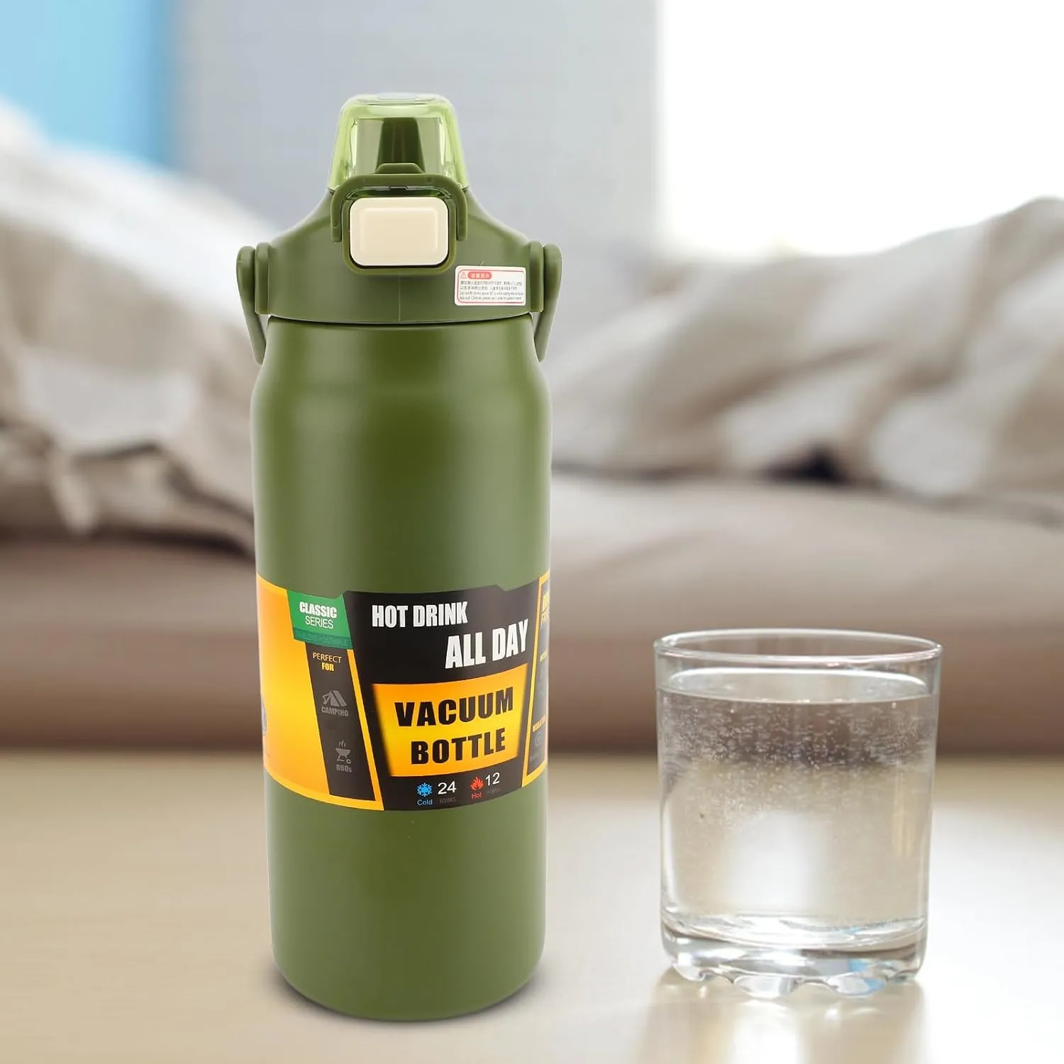 Insulated Vacuum Thermal Bottle, Auto Straw Lockable Lid 24oz 304 Stainless Steel Wide Mouth Design for Indoor Workout Outdoor Excursions (Dark Green)