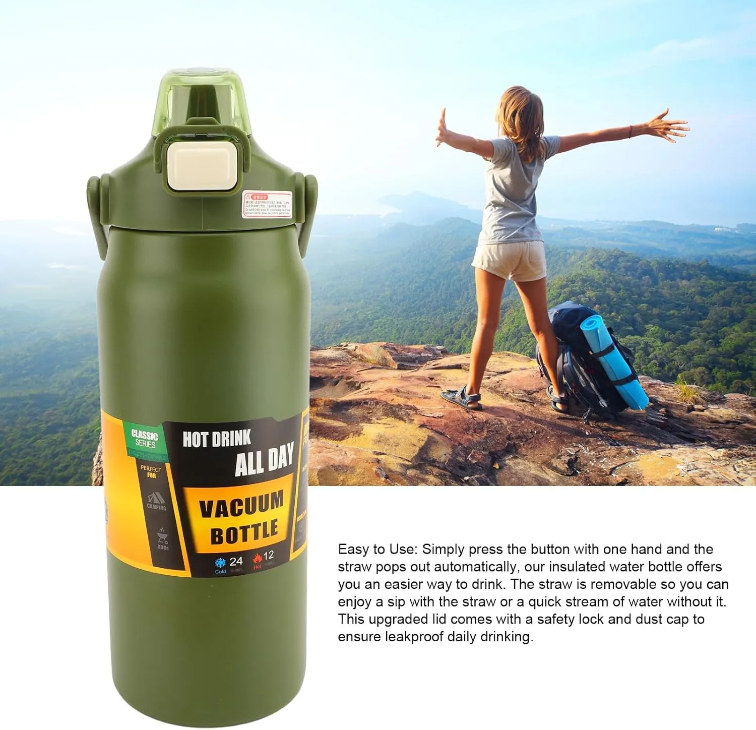 Insulated Vacuum Thermal Bottle, Auto Straw Lockable Lid 24oz 304 Stainless Steel Wide Mouth Design for Indoor Workout Outdoor Excursions (Dark Green)