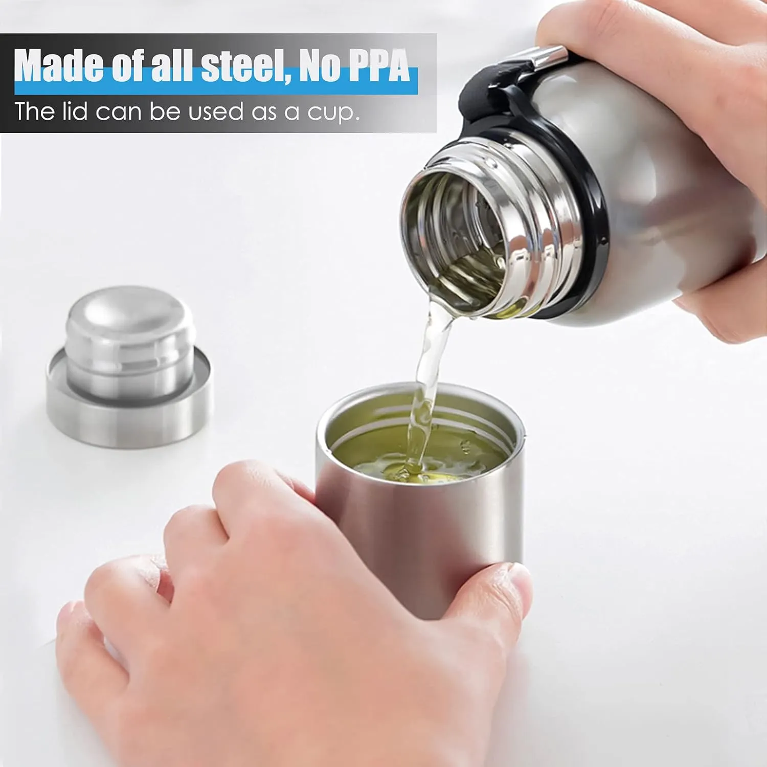 Insulated vacuum Thermo Bottle 1000ml/33.8oz with cup Stainless steel coffee bottles for hot and cold drink water flask.(Silver,1000ml)