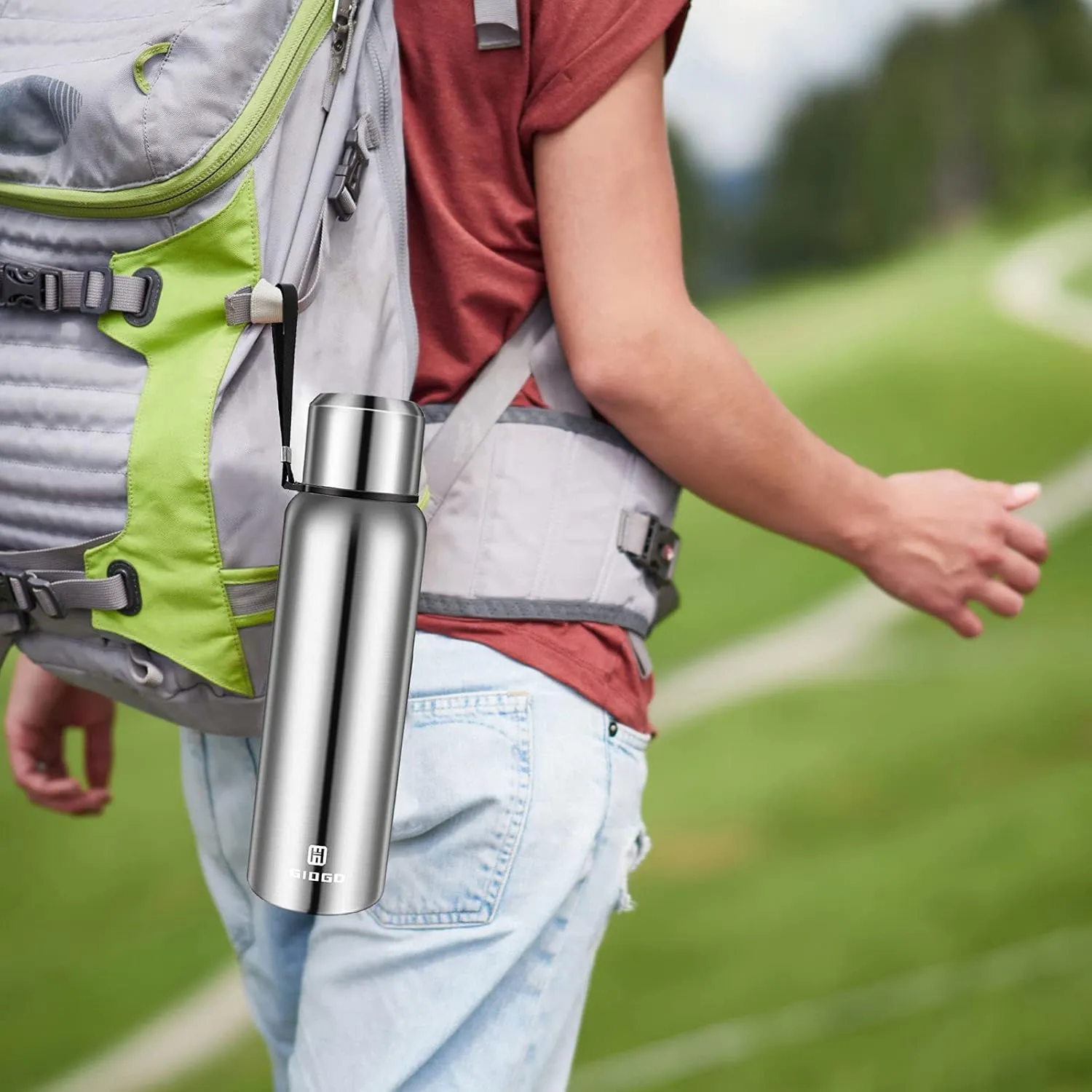 Insulated vacuum Thermo Bottle 1000ml/33.8oz with cup Stainless steel coffee bottles for hot and cold drink water flask.(Silver,1000ml)