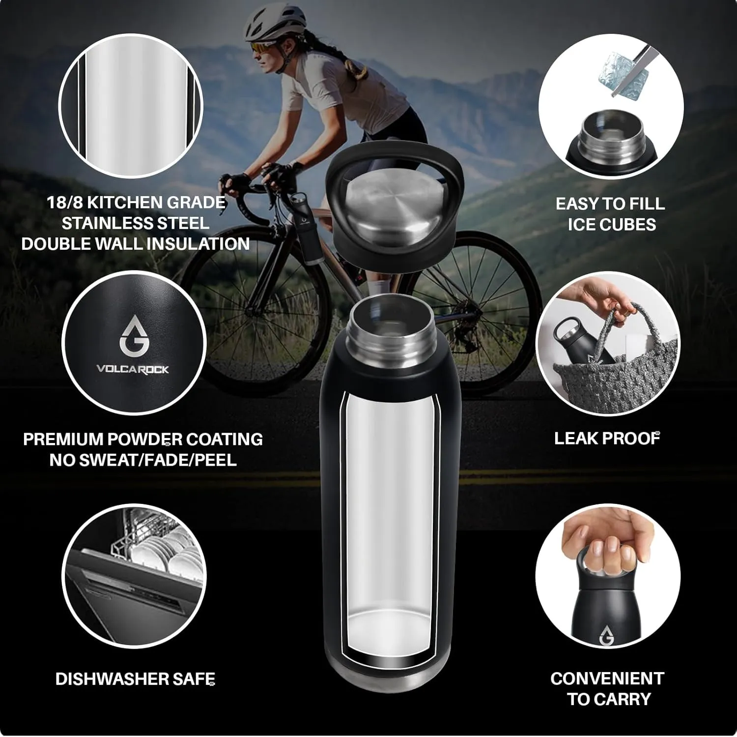Insulated Water Bottle 24oz (710ml), Double Wall Stainless Steel Water bottle Durable Vacuum Flask Leakproof Non-sweat, Keep Cold 24H & Hot 12H