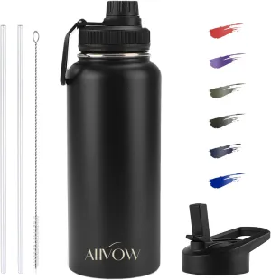 Insulated Water Bottle 32 oz with Straw, Metal Vacuum Stainless Steel Water Flask, Leak Proof & BPA-Free Sports Mens Water Bottle (2 Lids) for Gym,Hiking,Travel, Black