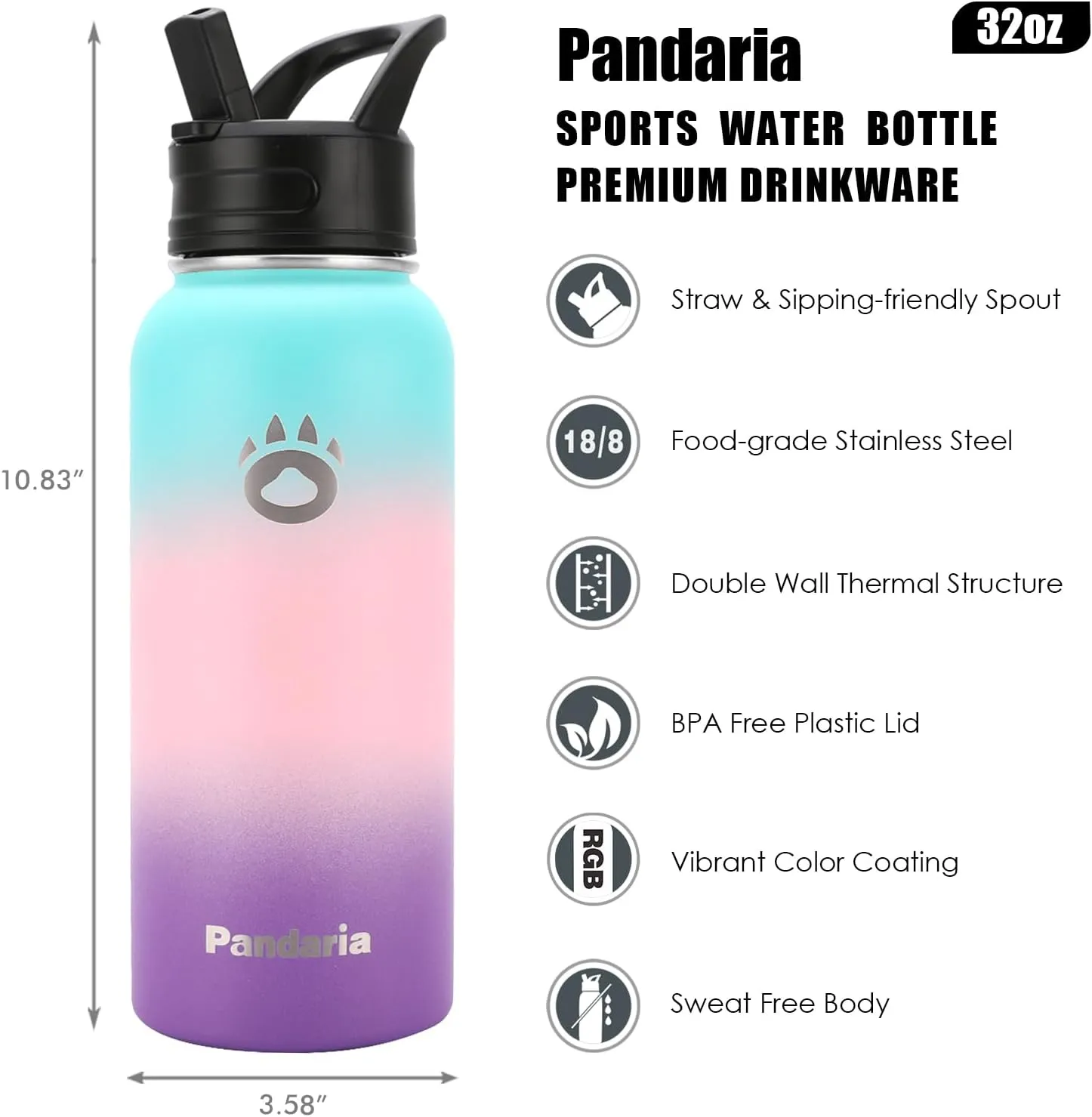 Insulated Water Bottle 32oz, Stainless Steel Water Bottle with Straw & Spout Lids & Paracord Handle