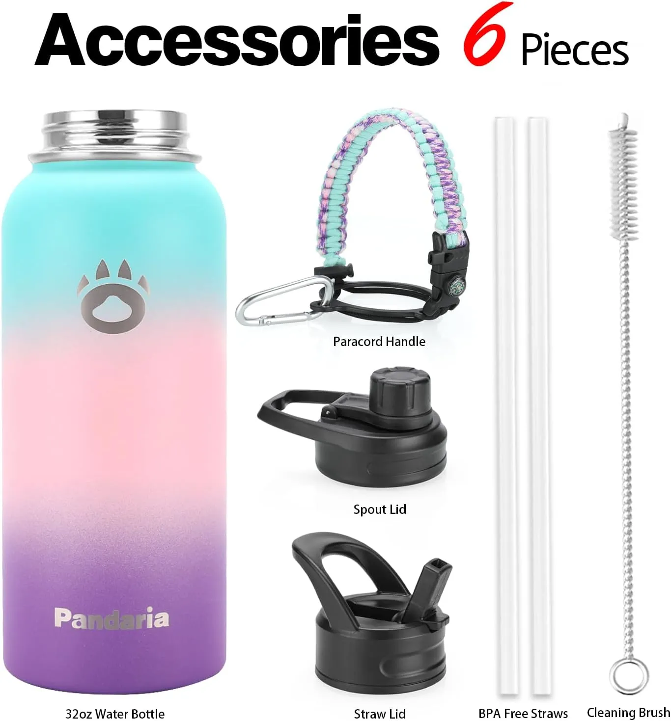 Insulated Water Bottle 32oz, Stainless Steel Water Bottle with Straw & Spout Lids & Paracord Handle