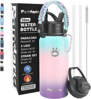 Insulated Water Bottle 32oz, Stainless Steel Water Bottle with Straw & Spout Lids & Paracord Handle