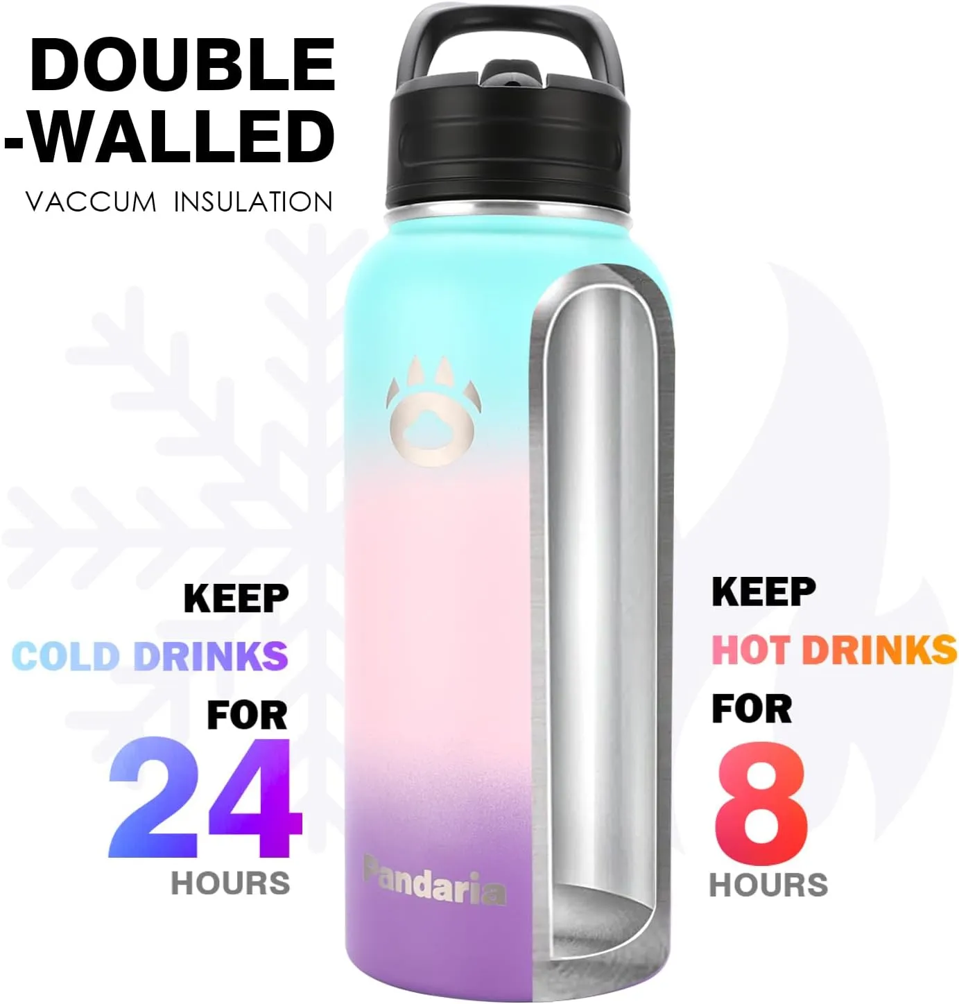 Insulated Water Bottle 32oz, Stainless Steel Water Bottle with Straw & Spout Lids & Paracord Handle