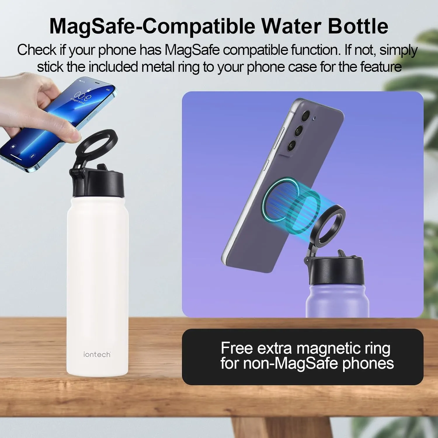 Insulated Water Bottle with Magnetic Phone Holder Compatible with MagSafe and iPhone, Double-Sided Magnet, Stainless Steel Water Bottle Phone Mount for Sports Travel, Hot 12H Cold 24H, 27oz (Pink)