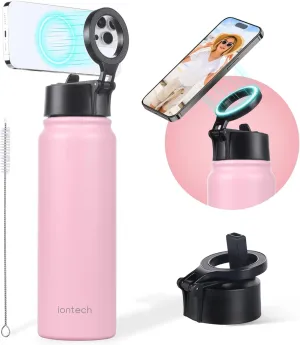 Insulated Water Bottle with Magnetic Phone Holder Compatible with MagSafe and iPhone, Double-Sided Magnet, Stainless Steel Water Bottle Phone Mount for Sports Travel, Hot 12H Cold 24H, 27oz (Pink)