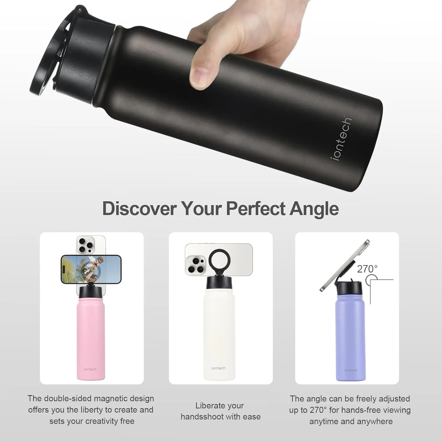 Insulated Water Bottle with Magnetic Phone Holder Compatible with MagSafe and iPhone, Double-Sided Magnet, Stainless Steel Water Bottle Phone Mount for Sports Travel, Hot 12H Cold 24H, 27oz (Pink)